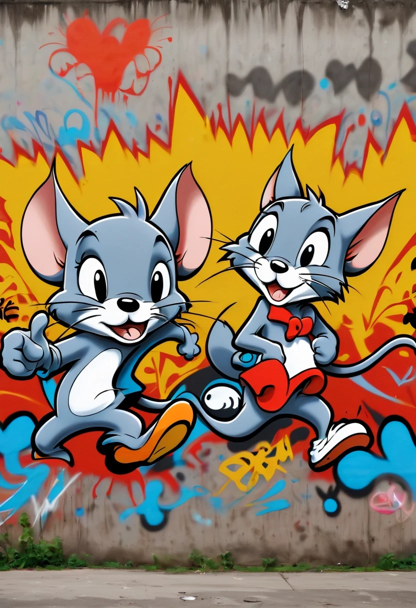 Graffiti漫画，Graffiti, wall, whole picture, High resolution and high contrast,simple,tom and jerry