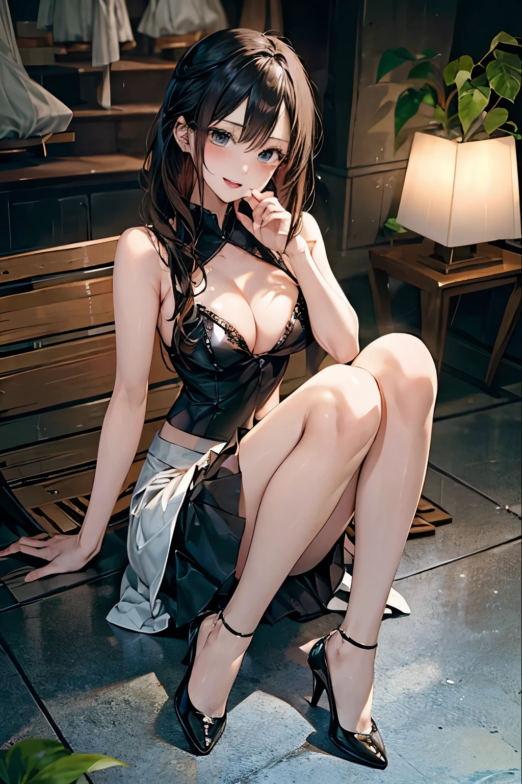 (full body shot, full body view),(Standing upright with one leg in front of the other), cute and symmetrical face,8k, masterpiece, RAW photo, best quality, photorealistic, extremely detailed CG unity 8k wallpaper,biologically correct form, (natural side lighting, movie lighting), looking at viewer, (face focus), 1 girl, japanese, 25 years old, perfect face, perfect body, shiny skin, (long sideburns, light black hair), hair between eyes, emerald green eyeiddle breasts), beautiful hair, beautiful face, beautiful lips, beautiful eyes, beautiful detailed eyes, beautiful clavicle, beautiful body, beautiful chest, beautiful thigh, beautiful legs, beautiful fingers, blush, ( Stiletto heels and anklets), black rubber suit, (flare skirt,ruffle skirt),(biologically correct form,correct appearance as a human being), (lovely smile, slightly open mouth),hide your hands behind your back,droopy eyes, black stockings
