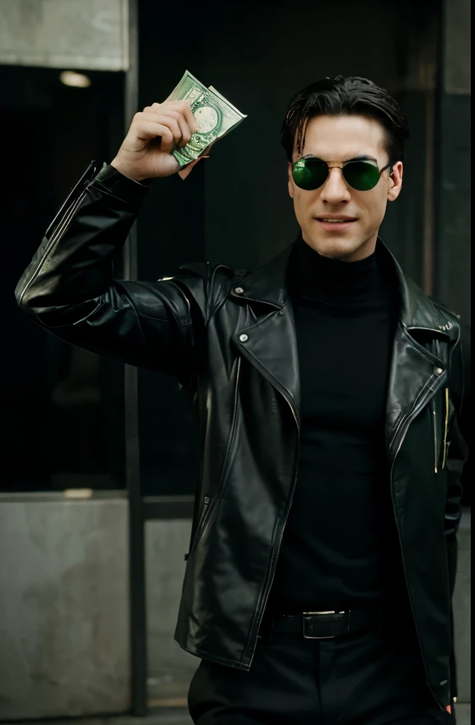 male guy from Matrix wearing black leather long jacket lifting bags of money with a super happy face Black and green colors, cinematic, masterpiece, 4k