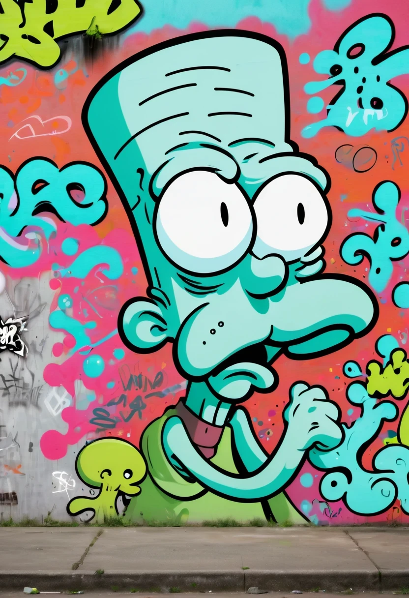 Graffiti漫画，Graffiti, wall, whole picture, High resolution and high contrast,simple,Squid Ward