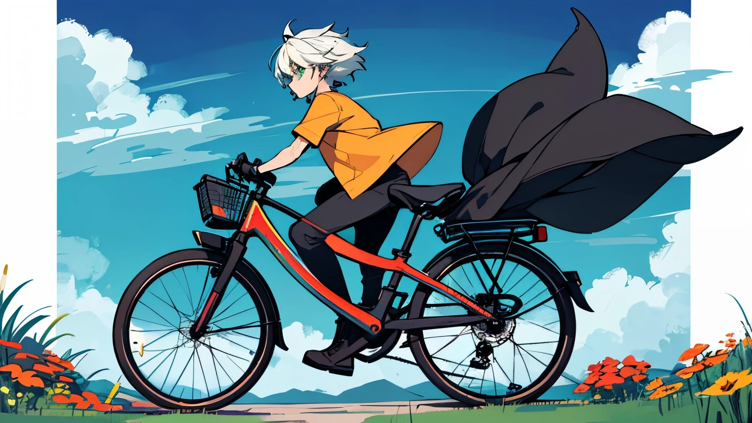 cartoon style, draw on a wall,A captivating painting adorns the canvas, showcasing a vibrant and colorful landscape. The scene is populated with a variety of whimsical elements, each rendered with exquisite detail，A man, clad in a bright orange shirt, stares off into the distance, his expression one of tranquility. He stands next to a sleek, black bicycle, its tires looking robust and ready for a ride. The bicycle's frame shines in the afternoon sun, reflecting a rainbow of colors.In the foreground, a playful cat with patches of white and black basks in the sun's warmth. Its green eyes sparkle with life as it arches its back in a stretch. Next to the cat, a fish leaps from the water, its scales glistening like diamonds. The water it sprays fans out in the air, a testament to the artist's ability to capture movement.The artist's use of color is dazzling. The background is a gradient of blue hues, ranging from the deepest midnight to the lightest sky blue, reminiscent of a clear summer sky. The green grass and the red flowers add a pop of color, making the scene even more enchanting.The painting's lines are graceful and smooth, each stroke executed with precision and care. The artist's brushwork creates depth and texture, making each element come alive on the canvas.The overall effect is one of serenity and joy, a snapshot of a world that exists only in the artist's imagination. It is a testament to the beauty of nature and the simplicity of life,completing the stable diffusion of serenity and contentment,masterpiece, best quality
