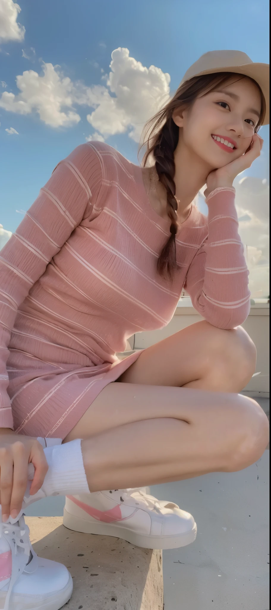 ((​Masterpiece, Top image quality, high resolution、alone、skin shiny))(on the table, best quality, actual, super detailed, meticulous, high resolution, 8k wallpaper), Close-up portrait of a beautiful woman, like, smiling, light brown messy hair, Perfect dynamic composition, 美丽meticulous的眼睛, Just like the cover of a fashion magazine, on campus，wearing gold glasses