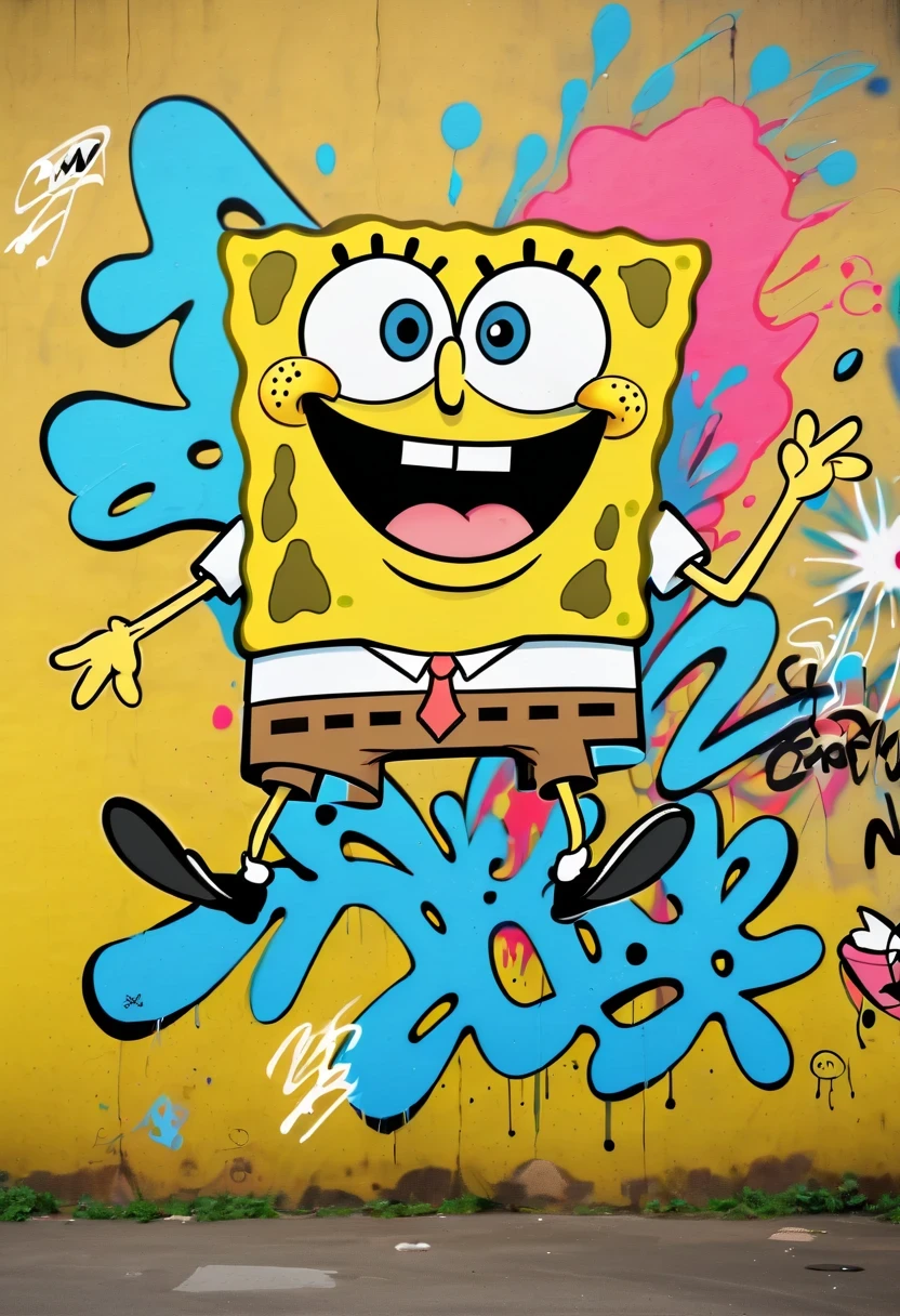 Graffiti漫画,Graffiti, wall, whole picture, High resolution and high contrast,simple,spongebob