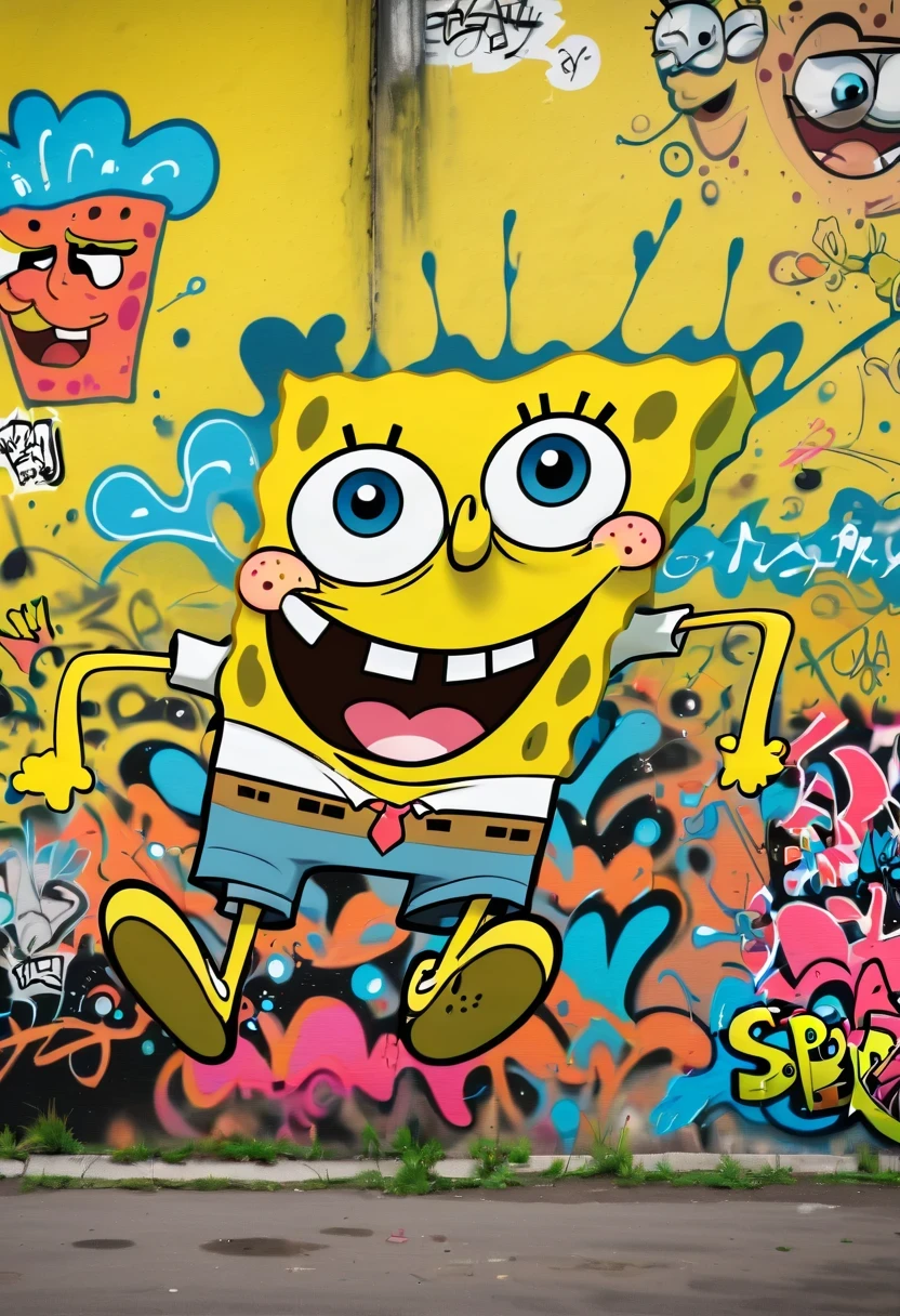 Graffiti漫画，Graffiti, wall, whole picture, High resolution and high contrast,simple,spongebob
