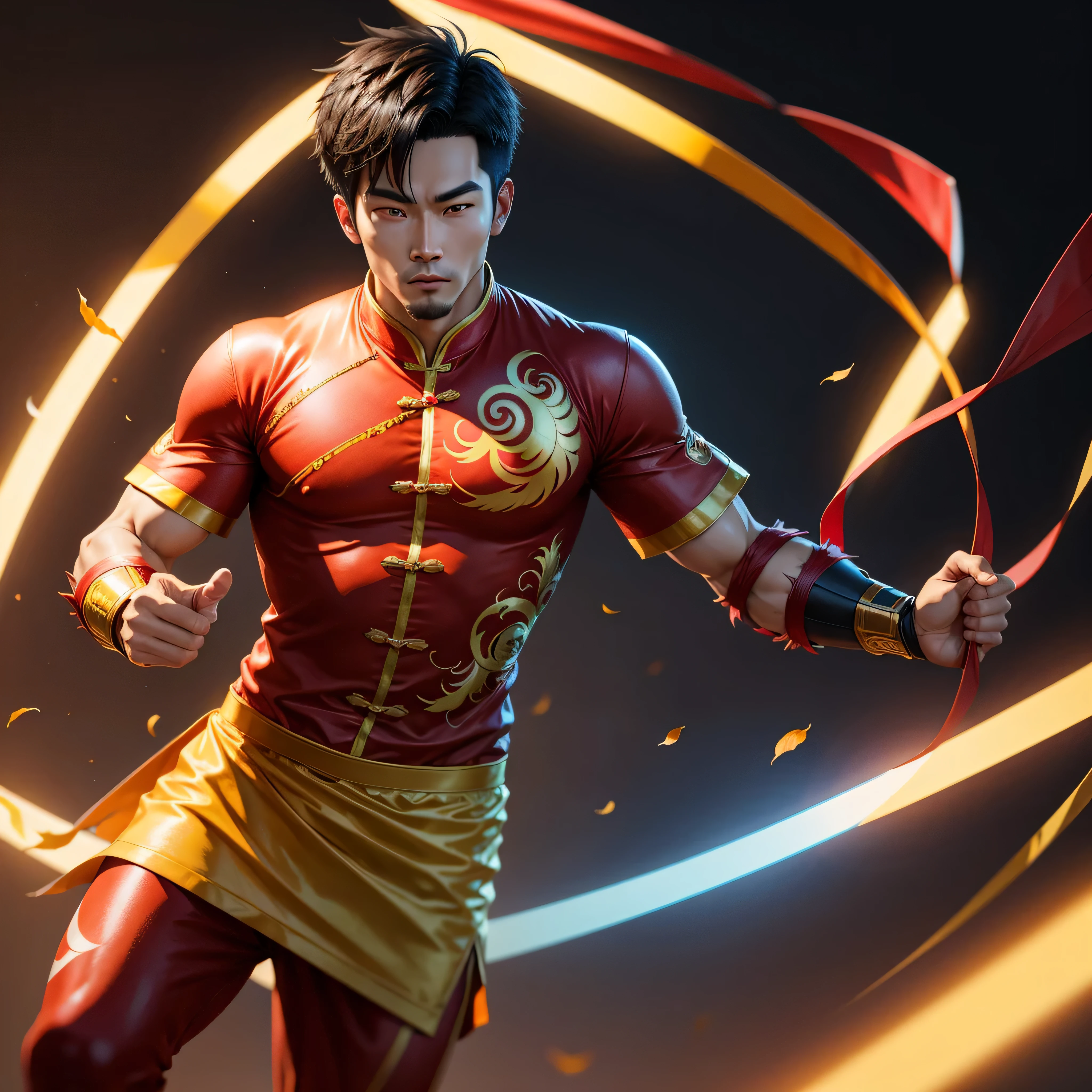Chinese Guy Super Hero Red and Yellow clothes Chinese clothes China flag, photo-realistic, octane render, unreal engine, ultra-realistic
