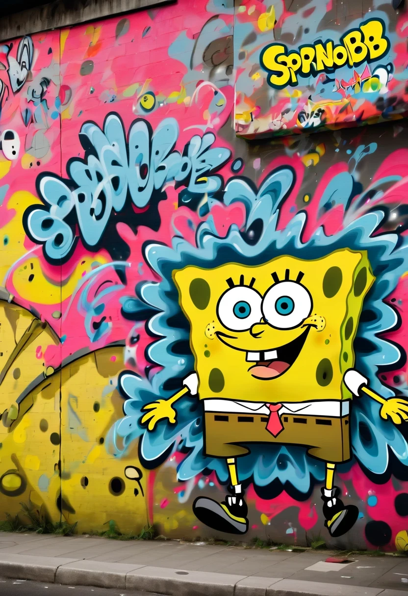 Graffiti漫画,Graffiti, wall, whole picture, High resolution and high contrast,simple,spongebob
