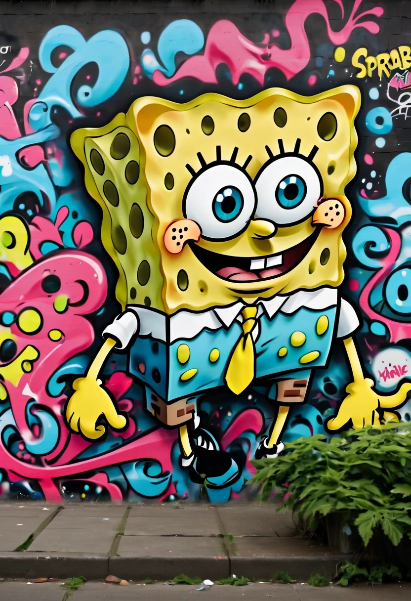 Graffiti漫画,Graffiti, wall, whole picture, High resolution and high contrast,simple,spongebob