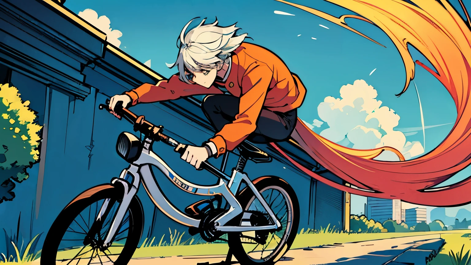 cartoon style, draw on a wall,A captivating painting adorns the canvas, showcasing a vibrant and colorful landscape. The scene is populated with a variety of whimsical elements, each rendered with exquisite detail，A man, clad in a bright orange shirt, stares off into the distance, his expression one of tranquility. He stands next to a sleek, black bicycle, its tires looking robust and ready for a ride. The bicycle's frame shines in the afternoon sun, reflecting a rainbow of colors.In the foreground, a playful cat with patches of white and black basks in the sun's warmth. Its green eyes sparkle with life as it arches its back in a stretch. Next to the cat, a fish leaps from the water, its scales glistening like diamonds. The water it sprays fans out in the air, a testament to the artist's ability to capture movement.The artist's use of color is dazzling. The background is a gradient of blue hues, ranging from the deepest midnight to the lightest sky blue, reminiscent of a clear summer sky. The green grass and the red flowers add a pop of color, making the scene even more enchanting.The painting's lines are graceful and smooth, each stroke executed with precision and care. The artist's brushwork creates depth and texture, making each element come alive on the canvas.The overall effect is one of serenity and joy, a snapshot of a world that exists only in the artist's imagination. It is a testament to the beauty of nature and the simplicity of life,completing the stable diffusion of serenity and contentment,masterpiece, best quality
