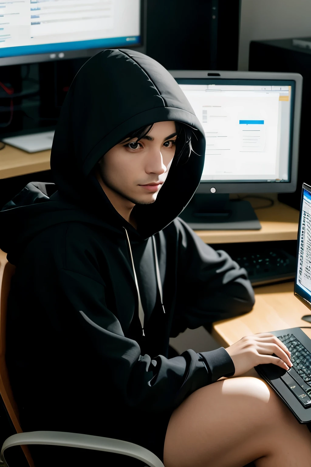 A computer hacker Labrador hacker wearing a black hooded sweatshirt sits in front