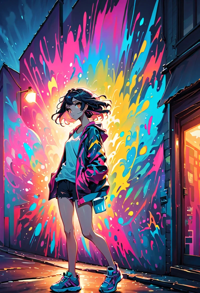 Graffiti漫画，Graffiti, wall, whole picture, high resolution和高对比度,simple,girl，(best quality,high resolution,masterpiece:1.2),super detailed,actual, high dynamic range,studio lighting,Physically based rendering,bright colors,[Street art],portrait,[comic style],urban style,urban chic,city View,Graffiti覆盖的建筑物,expressive brushstrokes,[dynamic poses], [Unique facial expressions],eye-catching background,Color spray paint,mark wall,crappy texture,Detailed character design,dramatic lighting,sketchy lines,energy and movement,urban culture,modern style,Avant-garde and energetic,modern style,Vibrant color palette,sharp contrast,Street Fashion,Stylish and confident,lively scenes、Lively,sense of rebellion,[abstract elements],Pop Art Influence,imagination and creativity.