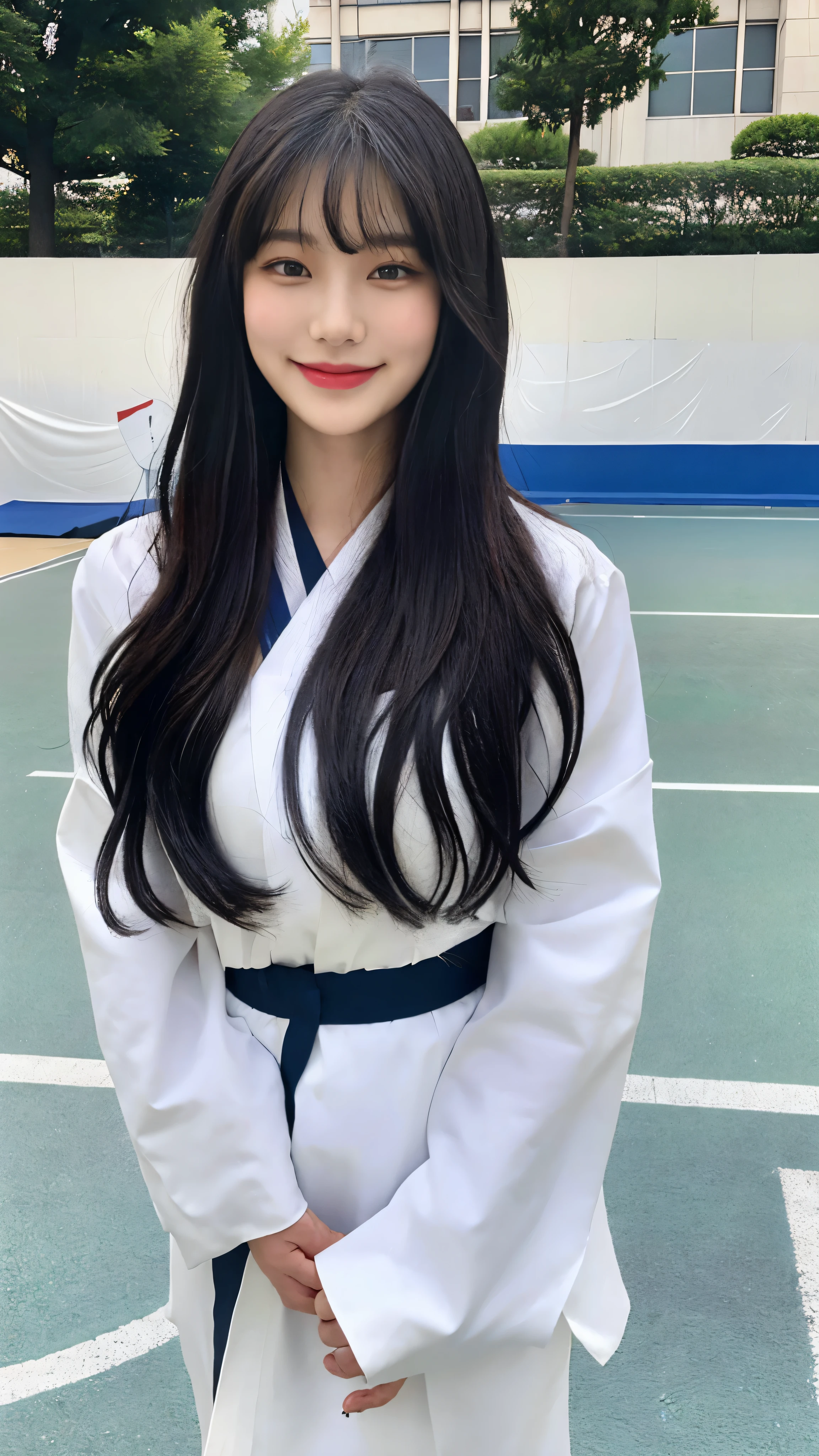 (8 thousand、top quality、masterpiece:1.2)、(realistic、realistic:1.9)、(laugh:0.2)、medium chest、beautiful and delicate eyes、full body sbian、(alone:1.8)、(look at the audience:1.3)、wet hair smiling on basketball court、shoulder height short hair、The end of the hair touches the shoulder and then bounces up in a U shape.....、Loose curly hair,、light bangs、I have bangs、Beautiful black haired woman in her 20s。No Man'so cute.、There is a sophisticated atmosphere。walking on the white sidewalk,、He looked around gracefully...........、Inside the basketball court、、、、、、Radiates quiet beauty。그녀의 laugh는 주변 사람들에게도 있다々that'representative々continuation々This is、々This is、々This is、々Gives you a happy feeling, Wear a hanbok,