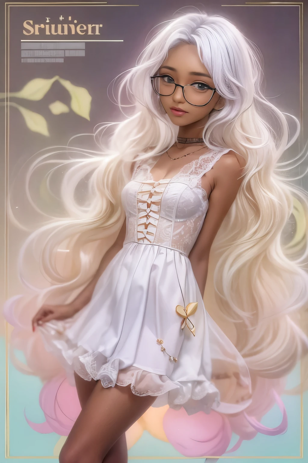 (masterpiece, best quality:1.2),long hair，Eyes are exquisite and exquisite,Exquisite white hair color，Pink lace suspender dress，glowing skin，dark skin，wear glasses ，pastel tones，（（（masterpiece）））， （（best quality））， （（intricate details））， （（Surreal））