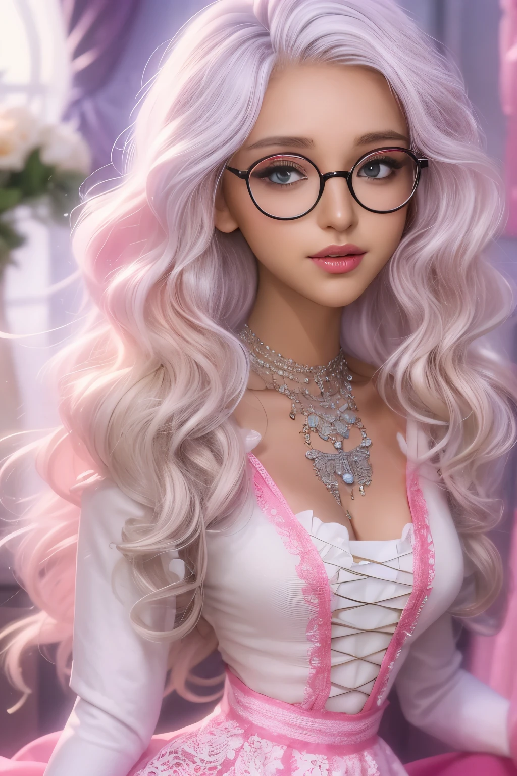 (masterpiece, best quality:1.2),long hair，Eyes are exquisite and exquisite,Exquisite white hair color，Pink lace suspender dress，glowing skin，dark skin，wear glasses ，pastel tones，（（（masterpiece）））， （（best quality））， （（intricate details））， （（Surreal））