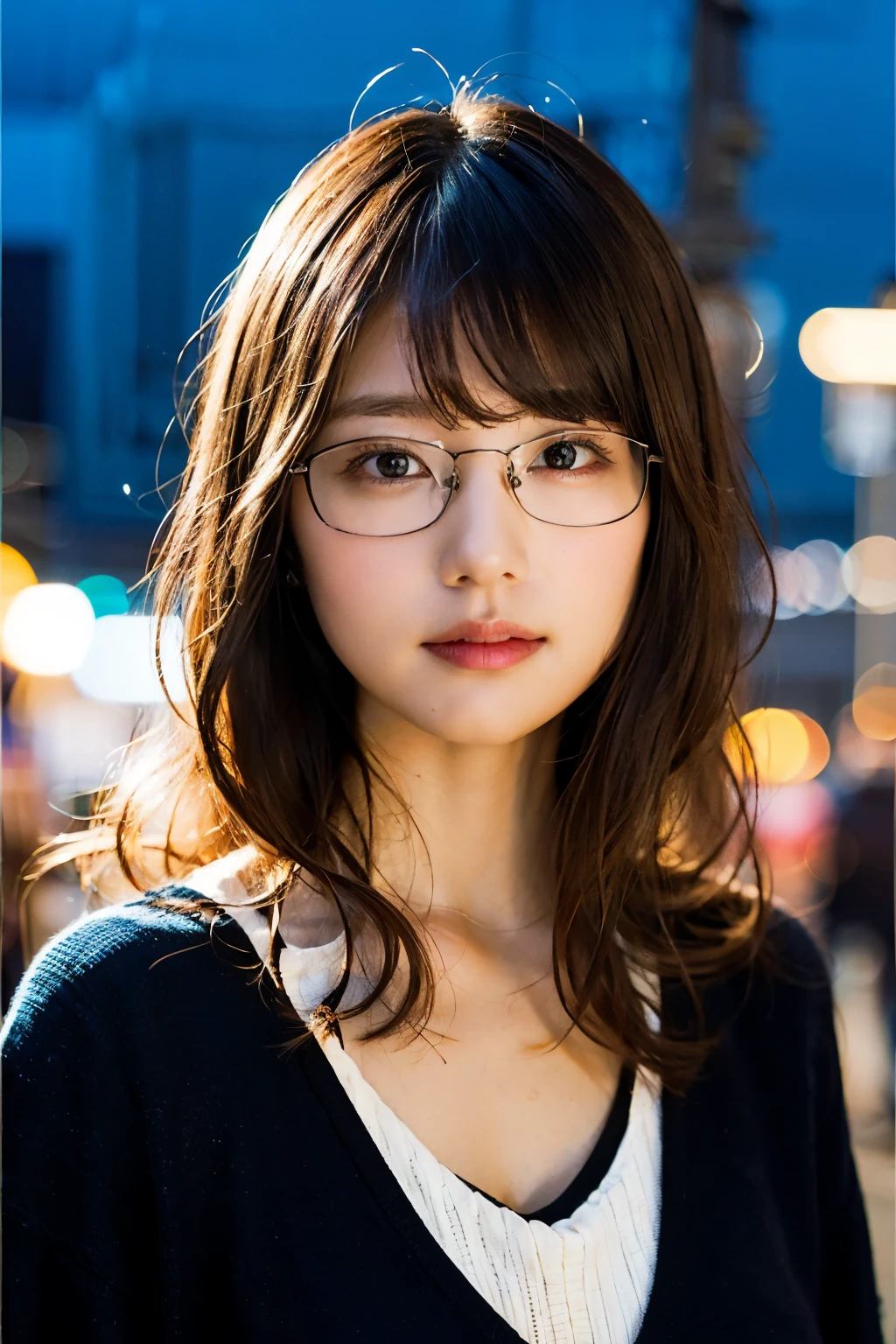 (8k、Raw photo、highest quality、masterpiece:1.2)、(realistic、Photoreal:1.37)、super detailed、超A high resolution、1 girl、see the beholder、beautiful and detailed face、laughter、narrow、(slim waist) :1.3)、Chic autumn clothes、Fine and beautiful skin、skin texture、floating hair、((curly hair, quirky hair, Ahoge))、professional lighting、In front of the station at night、((Black square glasses ))、human body as a whole、brown hair