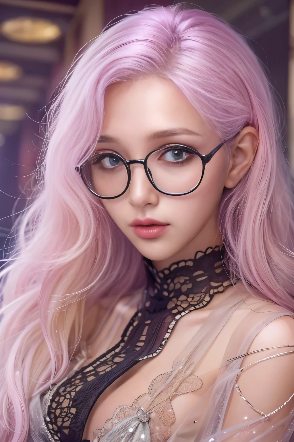 (masterpiece, best quality:1.2),long hair，Eyes are exquisite and exquisite,Exquisite white hair color，Pink lace suspender dress，glowing skin，dark skin，wear glasses ，pastel tones，（（（masterpiece）））， （（best quality））， （（intricate details））， （（Surreal））