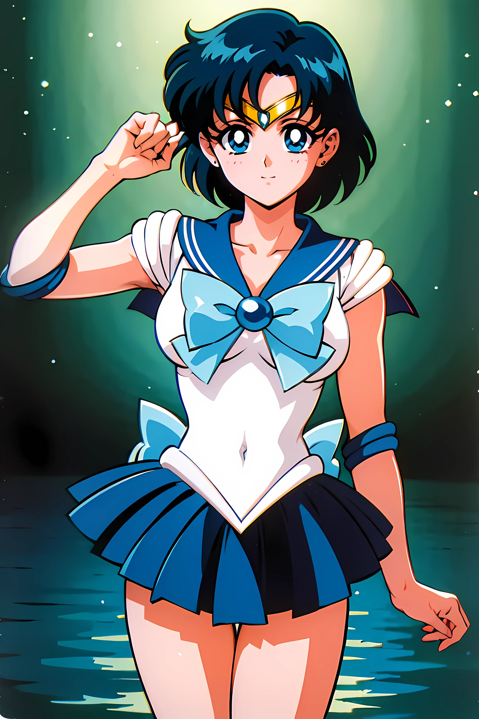 (highest quality:1.3), (masterpiece:1.4),(anatomically correct), (all limbs),(Refers to the whole),(precise fingertips), (small details),(8k),(About Photoreal:1.37),sailor moon!!!!!!!!, sailor moon Style,by sailor moon, sailor warrior uniform,(sailor mercury:1.52),aqua eye, dark green hair,(fighting pose:1.25),((magical dark forest :1.2)),at dusk, moon, ((Recommended for scenes with strong dark shadows:1.2)), golden flower ,beautiful magical style, water reflection,intense, concept art, digital painting,