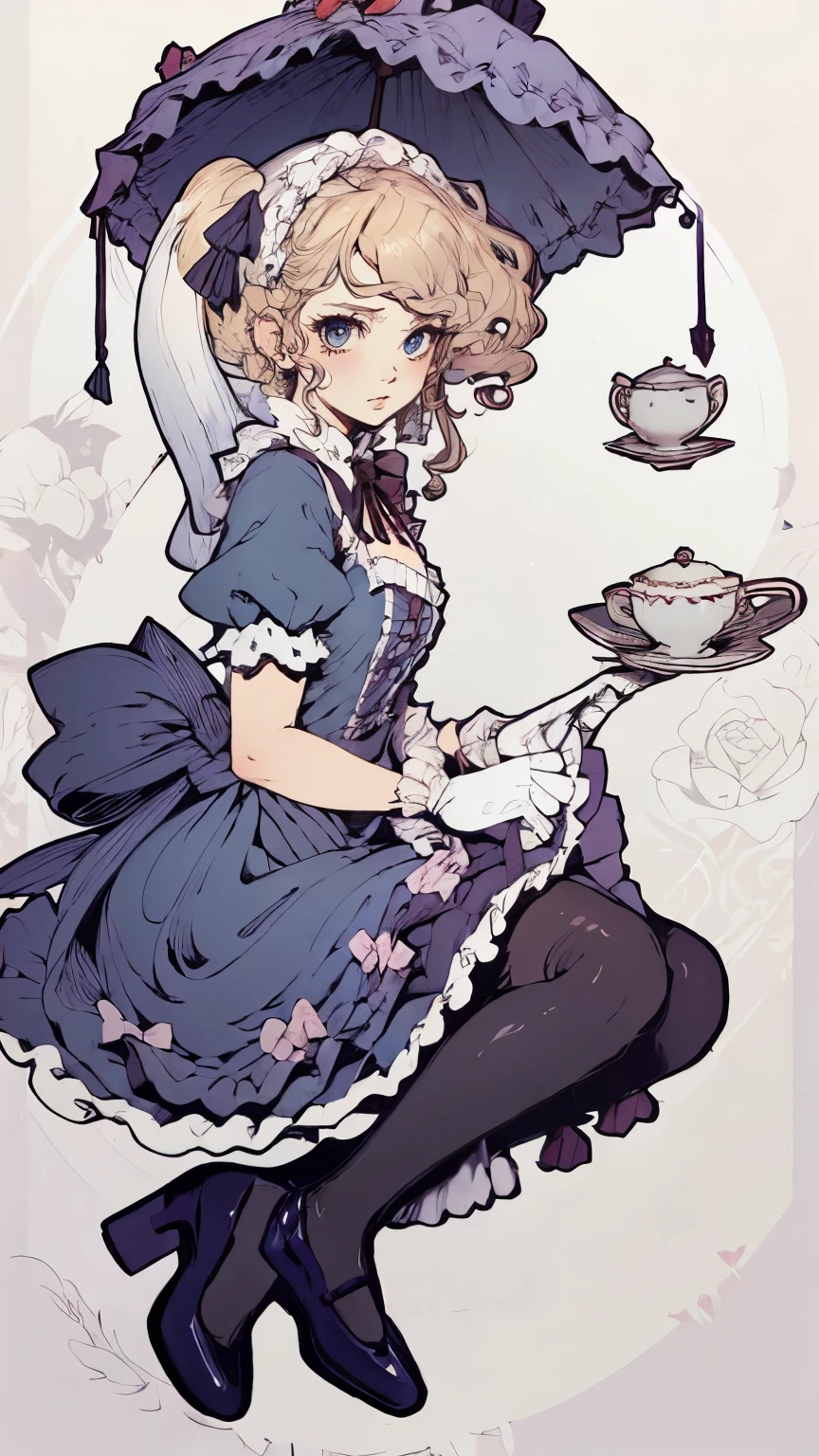 1girl, alice_(alice_in_wonderland), long_hair, blonde_hair, teacup, umbrella, solo, teapot, cup, dress, gloves, holding, white_gloves, blue_dress, apron, short_sleeves, yellow_background, bow, blue_eyes, frills, holding_umbrella, shoes, white_pantyhose, black_footwear, black_bow, pantyhose, spoon, puffy_sleeves, english_text, saucer, white_apron, from_side, very_long_hair, puffy_short_sleeves, full_body, hairband, hair_bow, bangs, blue_bow