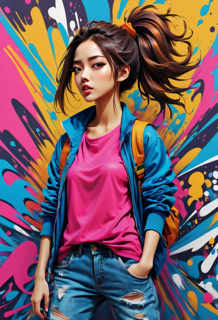Graffiti漫画，Graffiti, wall, whole picture, high resolution和高对比度,simple,girl，(best quality,high resolution,masterpiece:1.2),super detailed,actual, high dynamic range,studio lighting,Physically based rendering,bright colors,[Street art],portrait,[comic style],urban style,urban chic,city View,Graffiti覆盖的建筑物,expressive brushstrokes,[dynamic poses], [Unique facial expressions],eye-catching background,Color spray paint,mark wall,crappy texture,Detailed character design,dramatic lighting,sketchy lines,energy and movement,urban culture,modern style,Avant-garde and energetic,modern style,Vibrant color palette,sharp contrast,Street Fashion,Stylish and confident,lively scenes、Lively,sense of rebellion,[abstract elements],Pop Art Influence,imagination and creativity.
