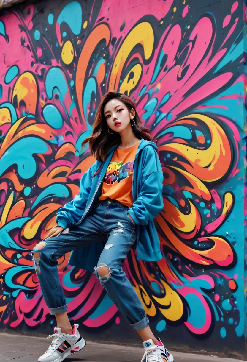 Graffiti漫画，Graffiti, wall, whole picture, high resolution和高对比度,simple,girl，(best quality,high resolution,masterpiece:1.2),super detailed,actual, high dynamic range,studio lighting,Physically based rendering,bright colors,[Street art],portrait,[comic style],urban style,urban chic,city View,Graffiti覆盖的建筑物,expressive brushstrokes,[dynamic poses], [Unique facial expressions],eye-catching background,Color spray paint,mark wall,crappy texture,Detailed character design,dramatic lighting,sketchy lines,energy and movement,urban culture,modern style,Avant-garde and energetic,modern style,Vibrant color palette,sharp contrast,Street Fashion,Stylish and confident,lively scenes、Lively,sense of rebellion,[abstract elements],Pop Art Influence,imagination and creativity.