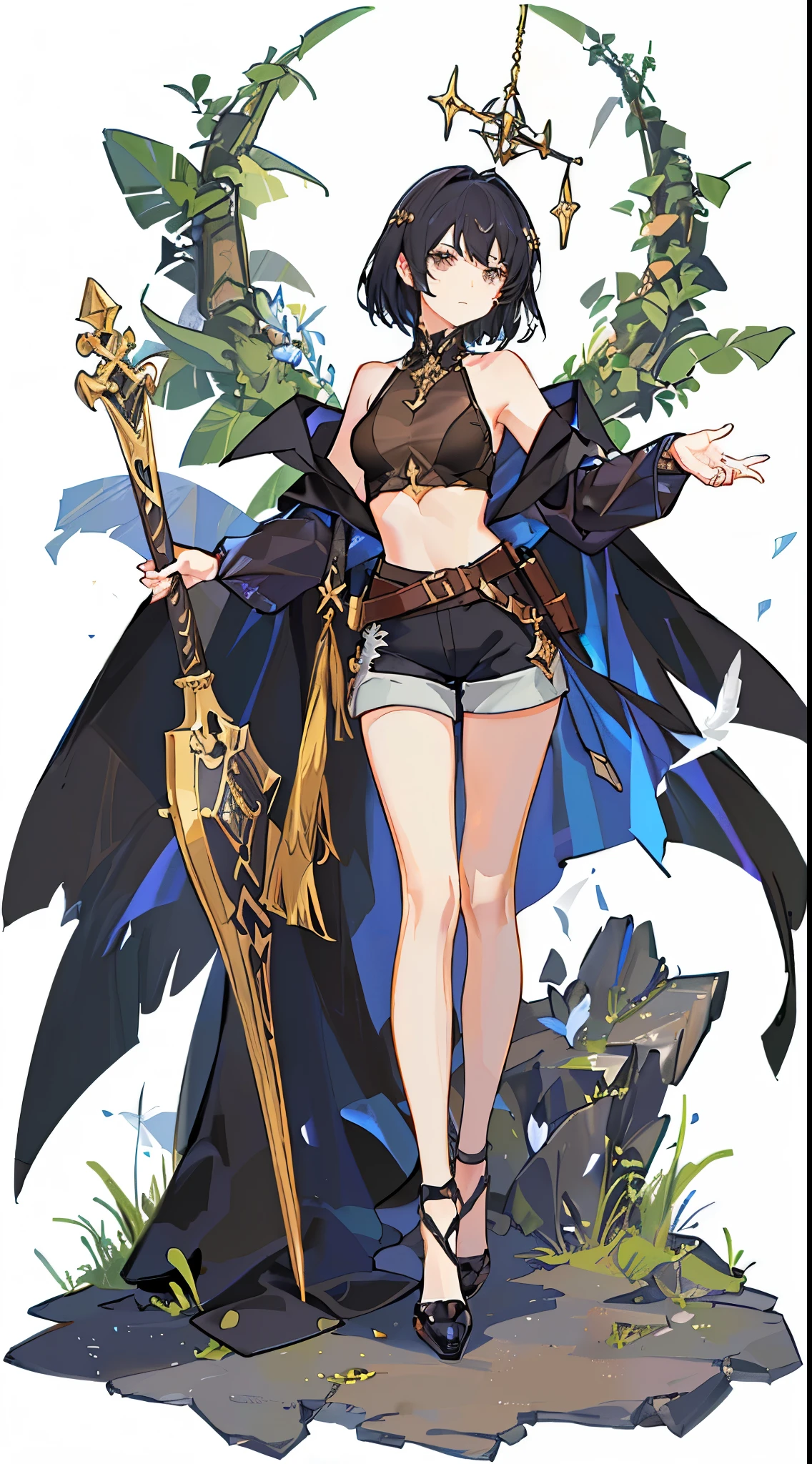 alone,absurd solution、High resolution、confront the viewing angle,(masterpiece:1.4)、Super detailed、(finger details),(一人のgirl)、美しい詳細なgirl、detailed face、transparent and beautiful, With the character as the main point of view, glowing skin, girl, woman, young, (black costume),((Cat ear))、(black hair)、(black hairの),(Habitual hair、shortcut)、(short hair),black eye,cute、beautiful face、beautiful eyes,fantasy costume,original character,((wearing armor))、(robe),(cloak),((Medieval European costumes)),,(big breasts:0.7), (crop top:1.5), (Holter shoulder:1.3),(shorts:1.3), (barefoot:1.1),(cape:1.3),(confront:1.2),(whole bodyポートレート),(Are standing:1.3),(put on shoes:1.5),tachi-e, whole body, white background,