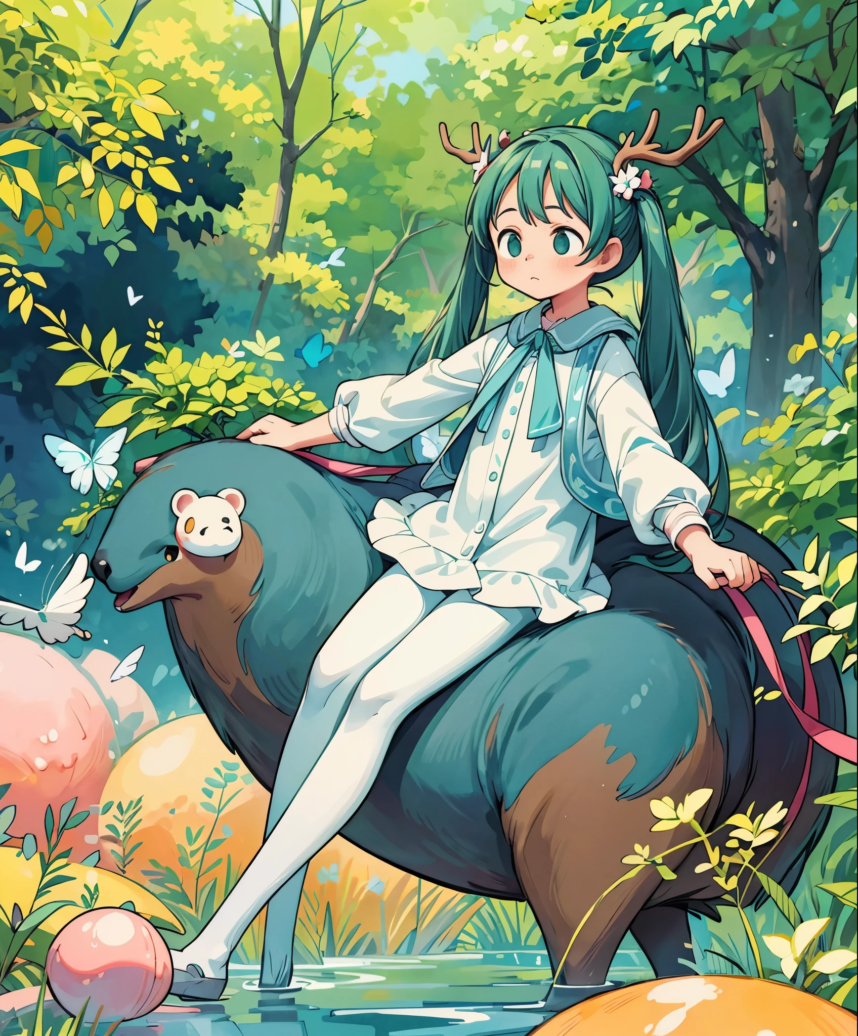 (masterpiece、highest quality、highest quality、official art、beautiful beautiful:1.2)、(1 girl:1.3)Hatsune Miku、twin tails,((Artistic camera work)) 鹿の角はGrowing、Growing、Growing、Growing、Growing、Growing、Bears fruit. Birds and butterflies flock to eat deer nuts, Girl on the back of a deer.(watercolor painting) (colored pencil outline) (Dull but bright colors) (Esthetic piece with super delicate lines) (great atmosphere) (very high quality)(Modern art that looks like a two-dimensional picture book)(It was a mess)