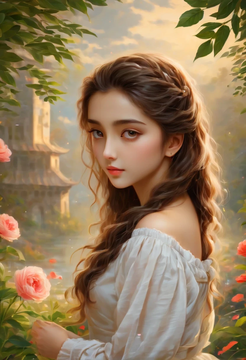 A painting of a woman in a white dress standing in a garden - SeaArt AI