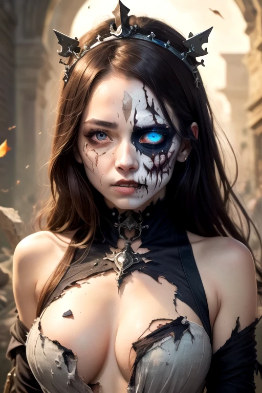 ((best quality)), ((masterpiece)), (detailed), undead princess wears tattered clothing, sunken eyes, pale skin, and various signs of decomposition, (torn clothes:1.2), sharp focus