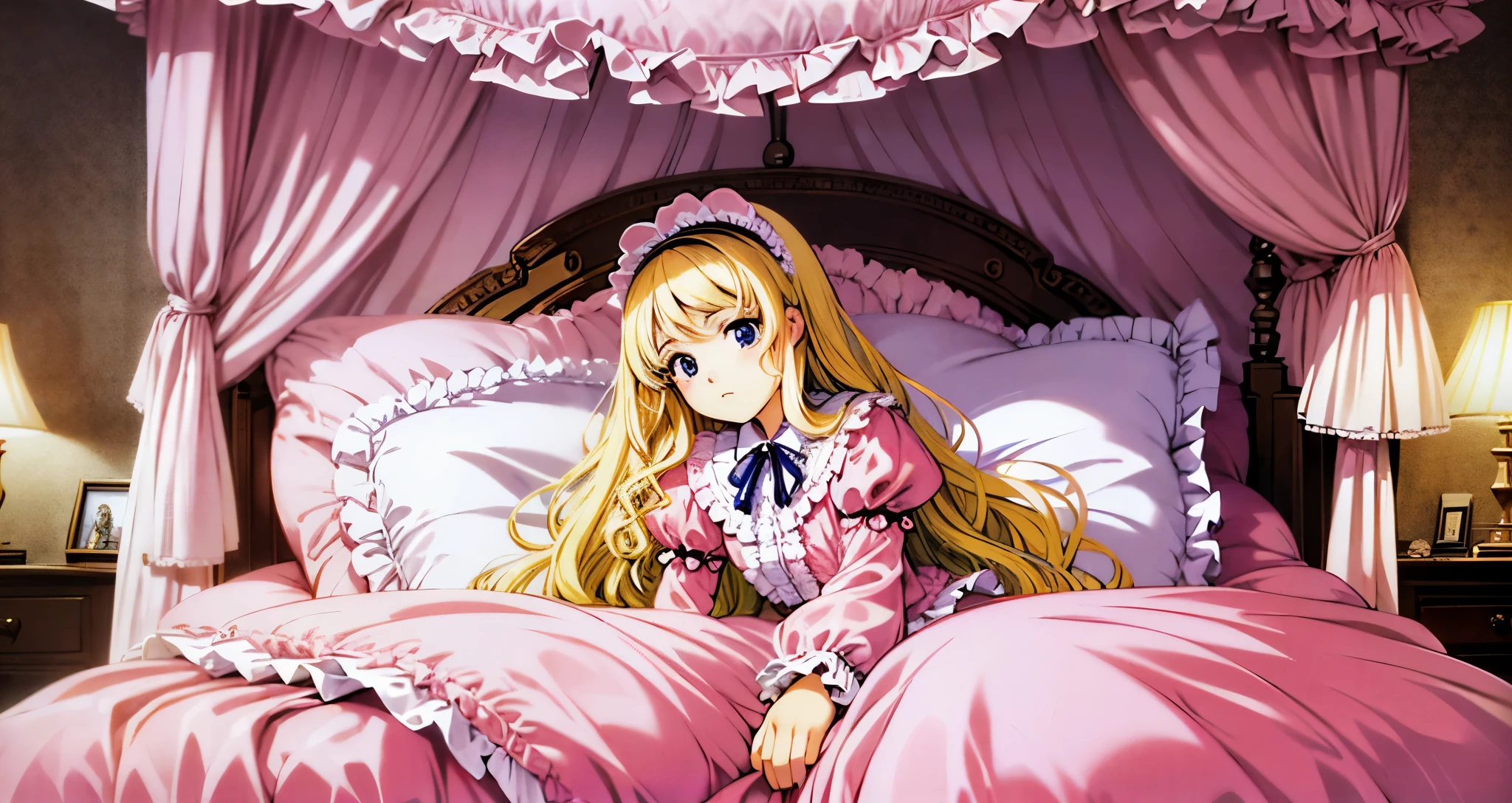 ,highest quality, masterpiece, highest resolution, artwork, super それにget used to it, many get used to it, get used to it, それにget used to it, 3K anime illustration,(( 10 year old girl)),Super detailed baby face,high quality small face,long blonde hair that grows to the waist,blue eyes,白い肌のeuropean,pajamas, european,(((super long blonde hair))),curly hair,blue eyes,((((ピンクのロリータファッションのlong skirtのワンピースドレス)))),((Pink dress with lots of frills and ribbons)),((Luxurious headdress with frills and ribbons)),detailed headdress,,(((big yoke collar))),Yoke collar with ruffles and ribbons,((((long sleeve)))),ruffle sleeves,((((long skirt)))),white ruffle and lace socks,large frill and ribbon pillow,(((Nice pink outfit))),豪華なcanopy bedの上,canopy bed,The bed is surrounded by luxurious curtains,many frilly pillows on the bed,Behind the girl are many pink frilly pillows,super detailed background,detailed bed,soft pink comforter,Highly detailed soft ruffle pillow,Beautiful girl illustration,detailed beautiful face,fine hair,detailed eye ,detailed eyes,detailed mouth, arm details,fine hands,Detailed pillow,wide bed,Illustration on the bed, ,((((round futon)))),((((A large ruffled futon that covers the entire bed)))),detailed comforter,detailed bedシーツ,Soft bed,Before bedtime,romantic atmosphere,palace bedroom,((((The lower half of the body is hidden under the futon and the puffy skirt....)))) The girl is leaning on a pile of pillows, ,((((round futon)))),((((A large ruffled futon that covers the entire bed)))),