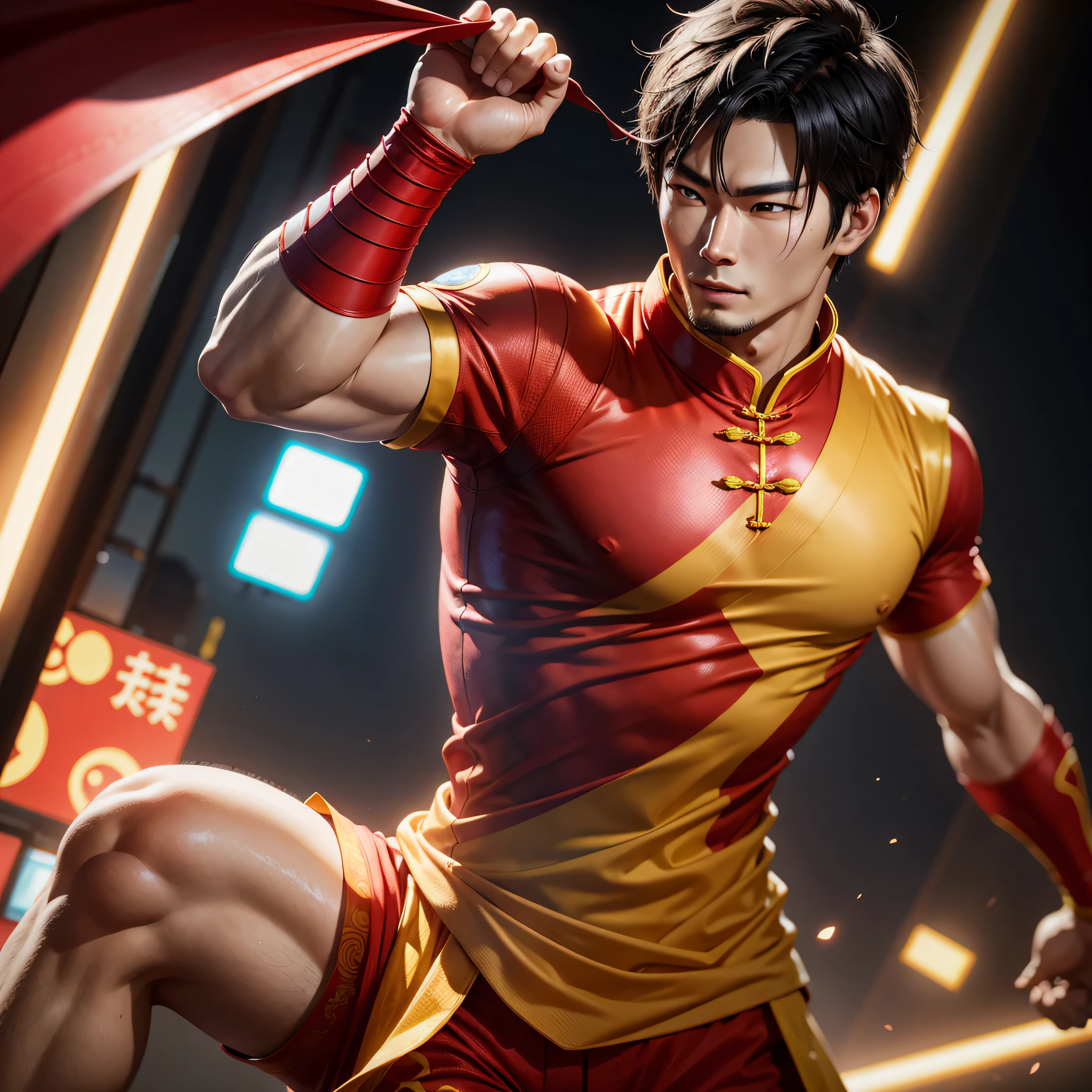 Chinese Guy Shang Chi_Super Hero, Karate pose, Red clothes, Chinese clothes, photo-realistic, octane render, unreal engine, ultra-realistic