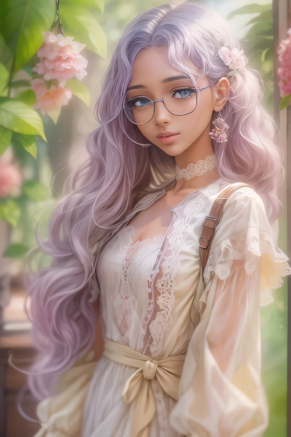 (masterpiece, best quality:1.2),long hair，Eyes are exquisite and exquisite,Exquisite white hair color，Pink lace suspender dress，glowing skin，dark skin，wear glasses ，pastel tones，（（（masterpiece）））， （（best quality））， （（intricate details））， （（Surreal））