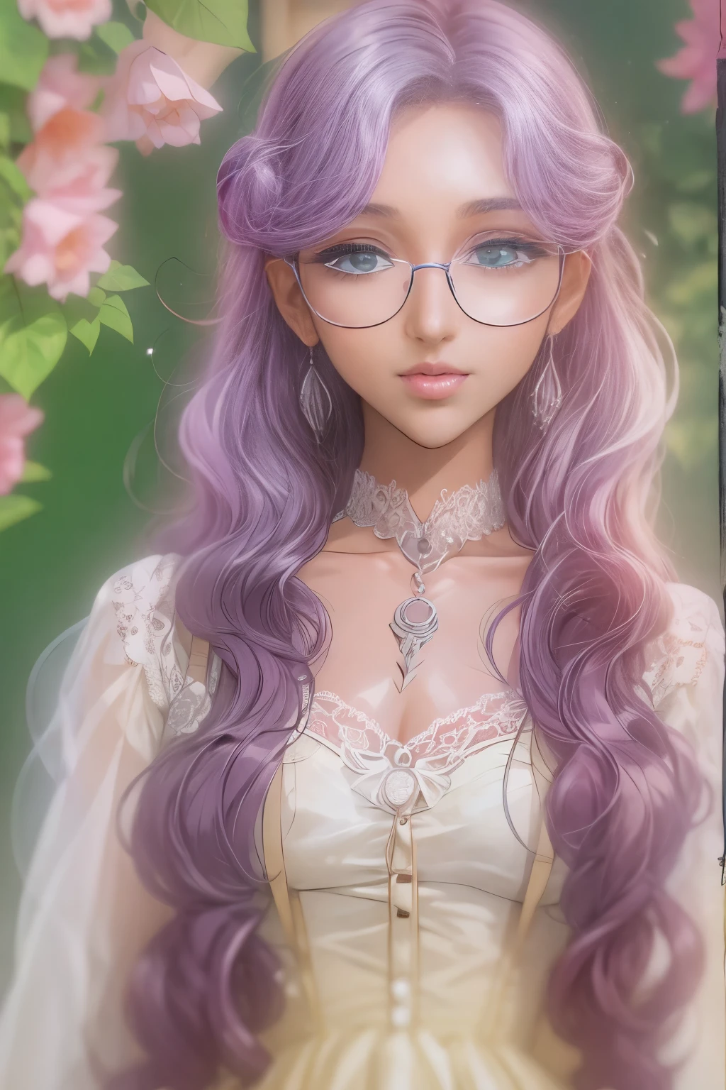 (masterpiece, best quality:1.2),long hair，Eyes are exquisite and exquisite,Exquisite white hair color，Pink lace suspender dress，glowing skin，dark skin，wear glasses ，pastel tones，（（（masterpiece）））， （（best quality））， （（intricate details））， （（Surreal））