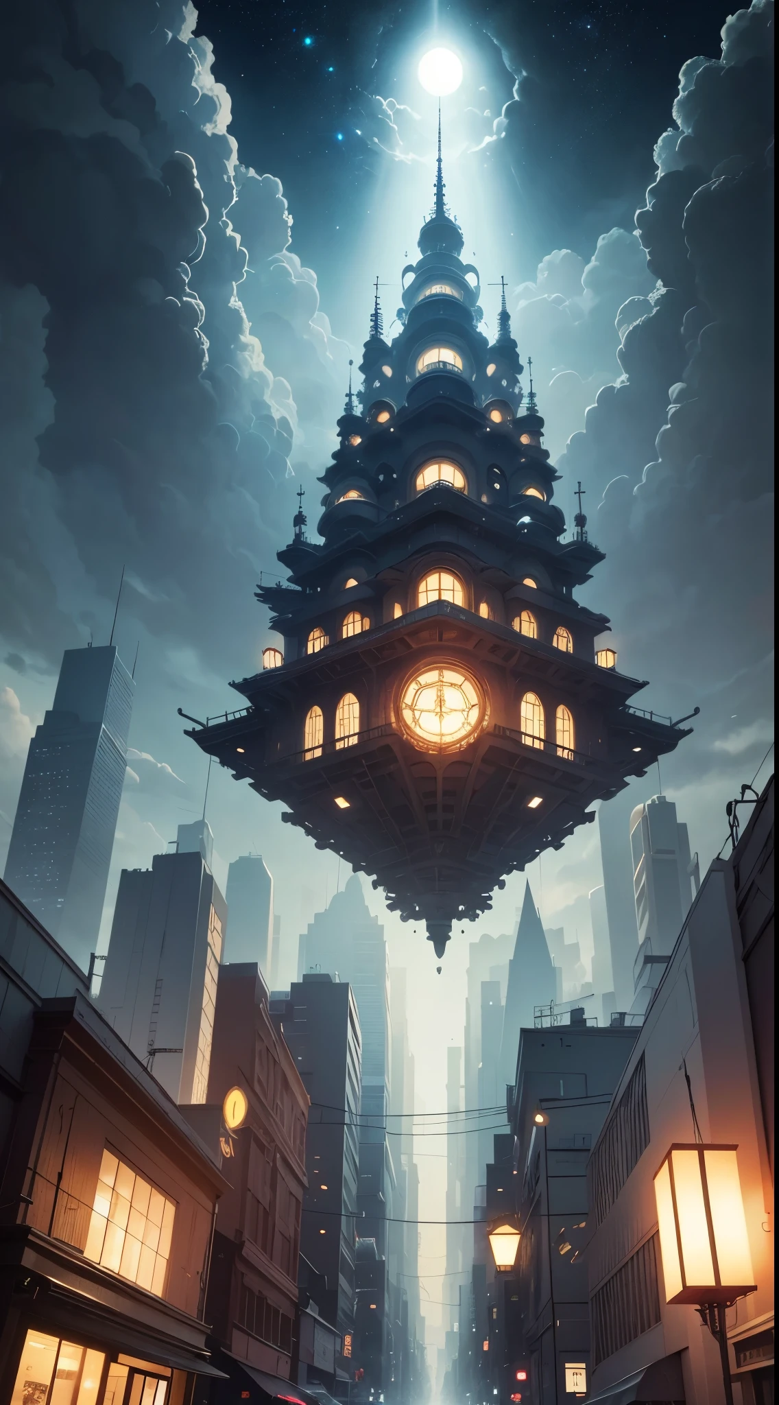 (levitating:1.5),(A huge mechanical city floating in space:1.3),(The brightly lit city of the future:1.4),(Thick clouds:1.4),in style of hayao miyazaki,Rejoice,Perfect quality,Clear focus(Clutter - home:0.8), (tmasterpiece:1.2), (realisticlying:1.2) ,(Bokeh:0.5), (best qualtiy), (detailedskin:1.3) ,(complexdetails), (8K), (detailedeyes) ,(Sharp focus),,(having fun),(Award-winning digital artwork:1.3) af (sketching:1.3),(with dynamism:1.3),studiolight,Theme,looking from above, the space, afloat, --v 6