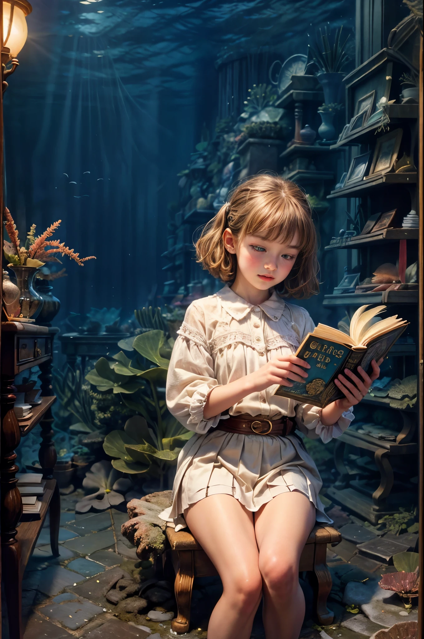 "Realistic, ((charming)) Scene of an *************** concentrating on reading, Antique books, dreamy ocean world, Various fantastic sea creatures, (science fiction)), detailed, warm color palette"