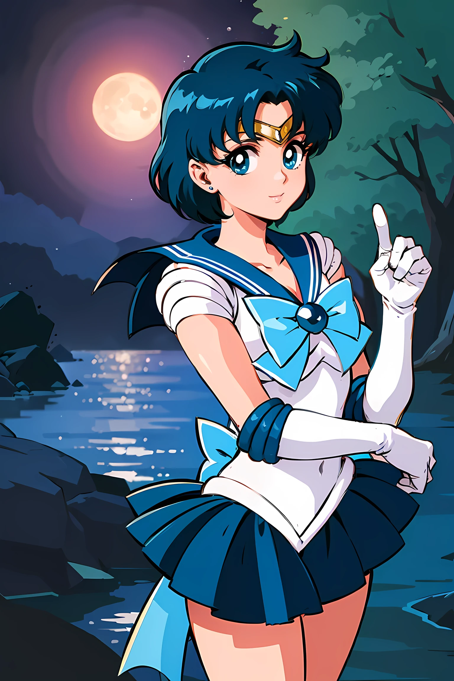 (highest quality:1.3), (masterpiece:1.4),(anatomically correct), (all limbs),(Refers to the whole),(precise fingertips), (small details),(8k),(About Photoreal:1.37),sailor moon!!!!!!!!, sailor moon Style,by sailor moon, sailor warrior uniform,(sailor mercury:1.52),aqua eye, dark green hair,white gloves,(fighting pose:1.25),((magical dark forest :1.2)),at dusk, moon, ((Recommended for scenes with strong dark shadows:1.2)), golden flower ,beautiful magical style, water reflection,intense, concept art, digital painting,