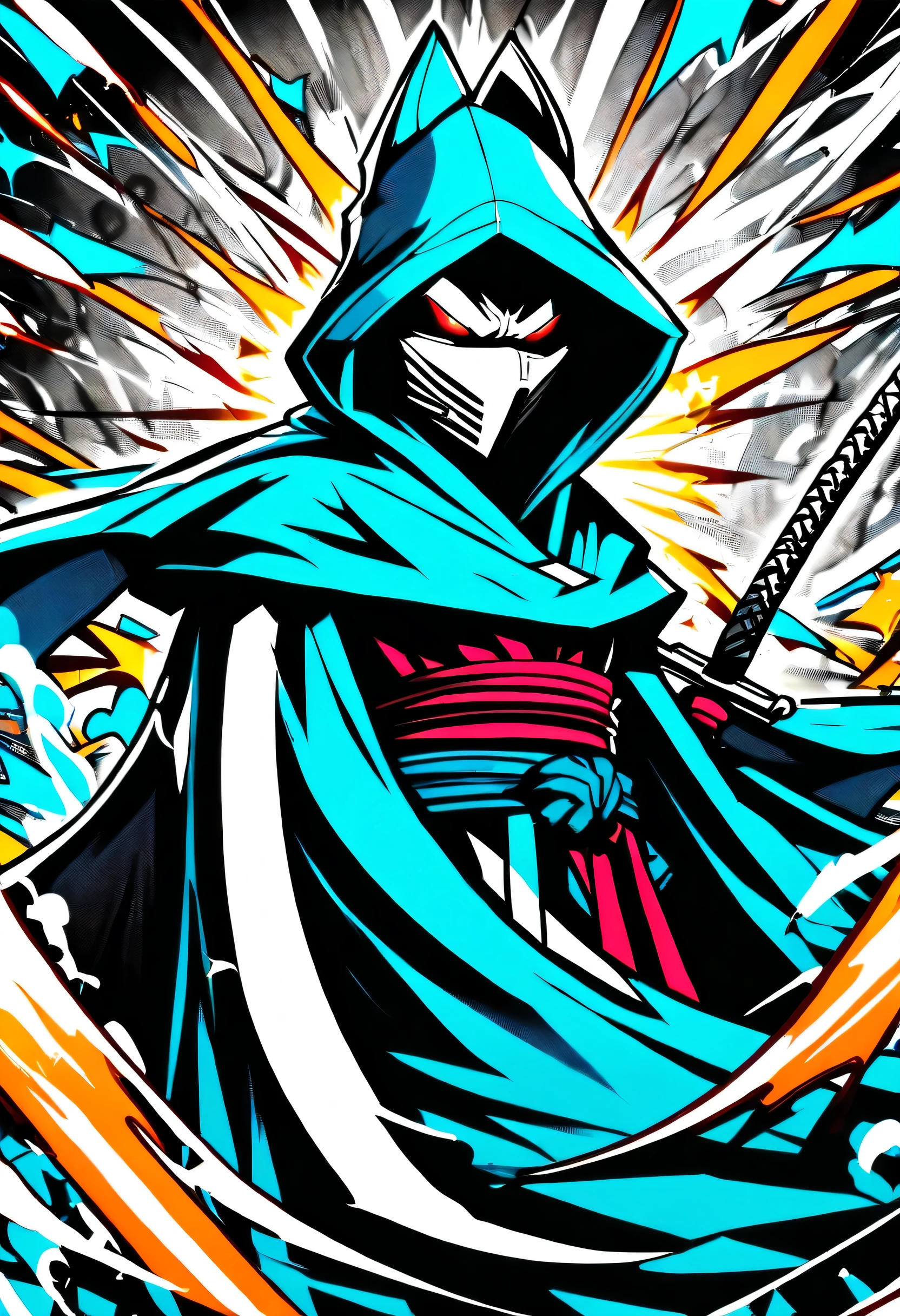 (Doodle cartoon illustration:1.3), maniac detail wolf, ninja dress, eruption explosion background, Fine, strong brush strokes, Highlight graffiti comic coating, cool decorative dagger, Steel headband, Rich color palette, intricate details, insane details, high quality, high contrast, absurd solution,