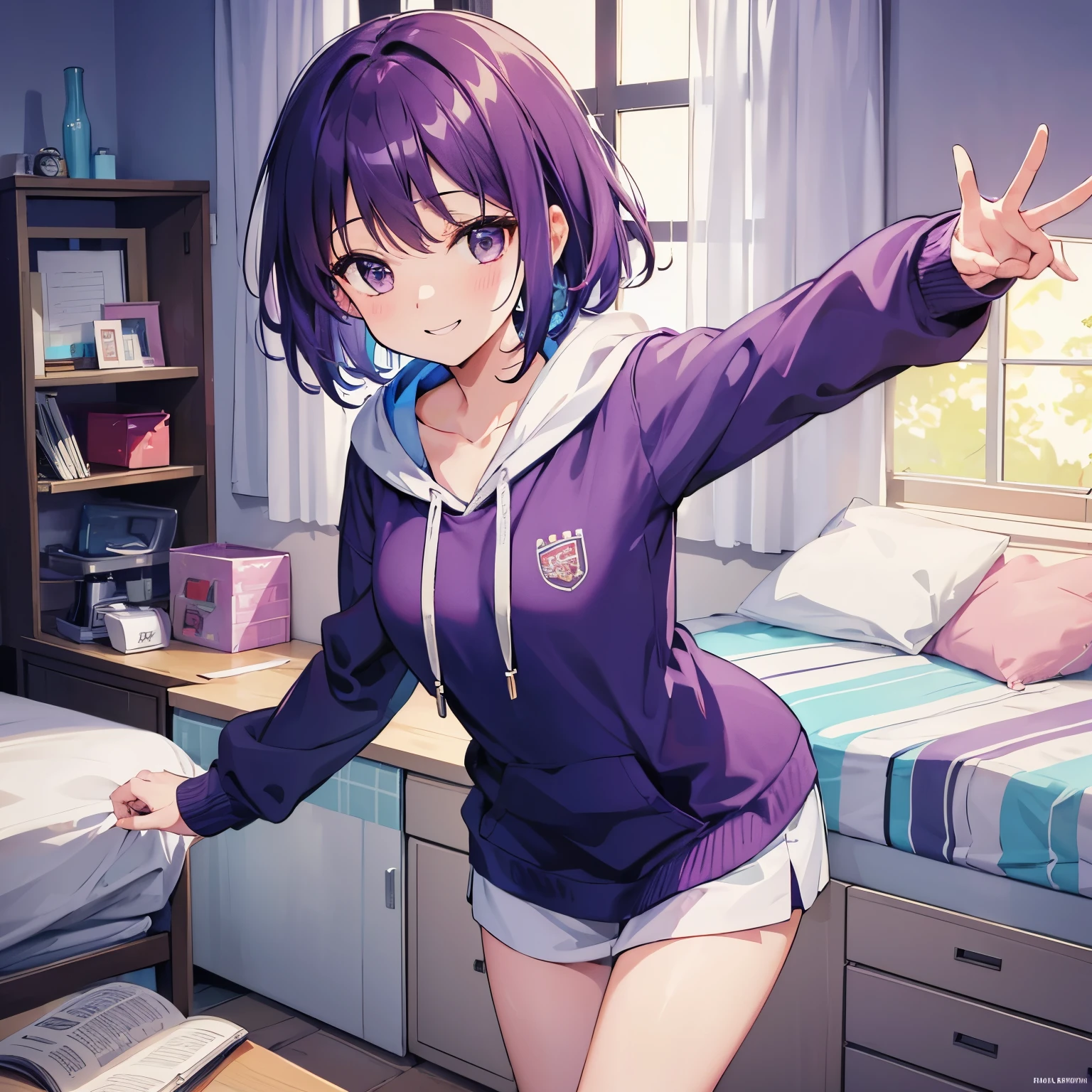 (T Masterpiece,4k wallpaper,best quality))、((girl1people))、(solo)、Shining and vivid,(purple hair)、(shortcut:1.3)、smile、Bedroom、hoodie、morning