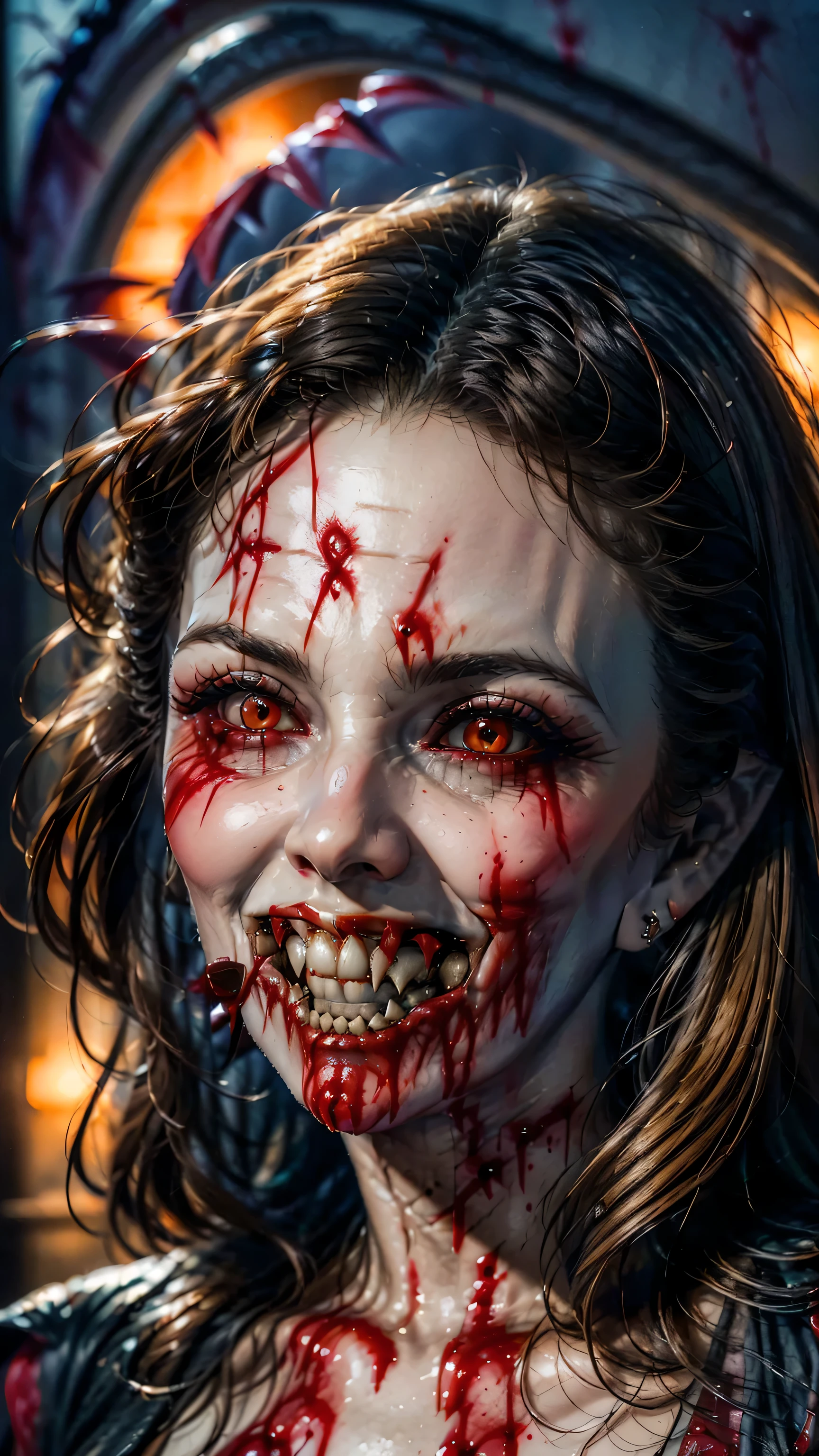 ((close up of face)))、(ultra-detailed)、Ultra-realistic movie master pie with ultra-detailed primetime portraits, 最high quality, 8K, table top, Ultra HD, 1 girl 22 years old、fashion supermodel, blonde curly hair、最high quality, high quality, High resolution、vampire, (((a lot of blood flowing out of her mouth down her face:1.66))), beautiful, sensual, (((teeth like dracula:1.66))). (dressed in a very complicated Extravagant street outfit), real:1.7、photorealistic:1.7、very delicate and beautiful、((masterpiece:1.3)), ((absurdres))、((sharp fous))、(beautiful face:1.45)、(detailed face:1.4)、(detailed eyes:1.35)、(detailed lips:1.2)、(Detailed nose:1.2)、(Glamour, paparazzi taking pictures of her)、((light dark short hair、extremely detailed, professionally made hairstyles))、 (red_eyeshadows:1.5)、 (dark red_lipstick:1.42)、((perfect round eyes))、 ((red_eyes:1.4))、 black_makeup:1.35、((a mocking smile, blood dripping from the corners of his mouth))、(Increase quality:1.4), (best quality real texture skin:1.4),