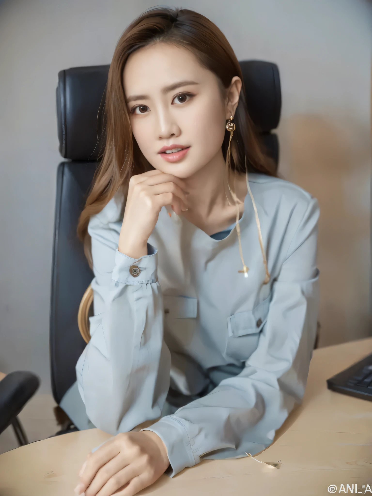 Ms Alafid sits at her desk，Comes with keyboard, Korean female fashion model, office clothes, high quality portraits, Xintong Chen, wearing a suit, Beautiful young Korean woman, Wearing a stylish suit, wearing a light blue shirt, Beautiful Asian woman sitting, Dress smart casual, Elegant slim fit beige shirt, li zixin, women in office attire