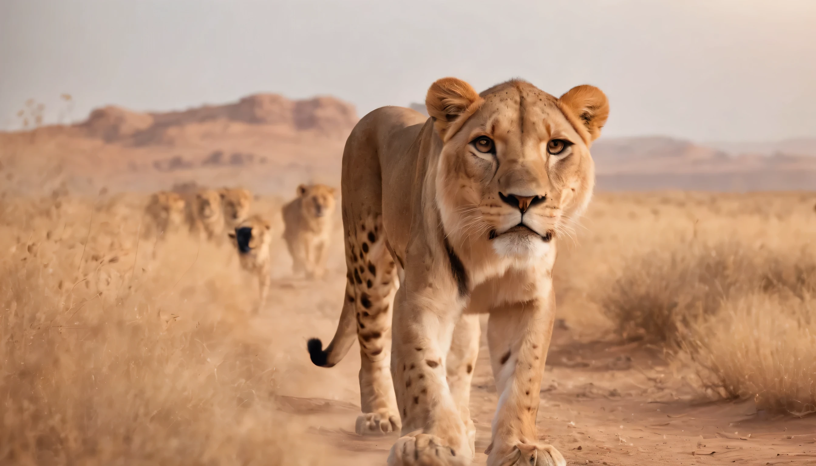(Highly detailed CG Unity 8k wallpaper、masterpiece、highest quality、Super detailed)、(best lighting、best shadow、very delicate and beautiful)、highest quality、8k、Detailed facial depiction、masterpiece、highest quality、clear image quality、
running beast:Capture the moment the lion takes off, Cheetah, wait. Run at breakneck speed。