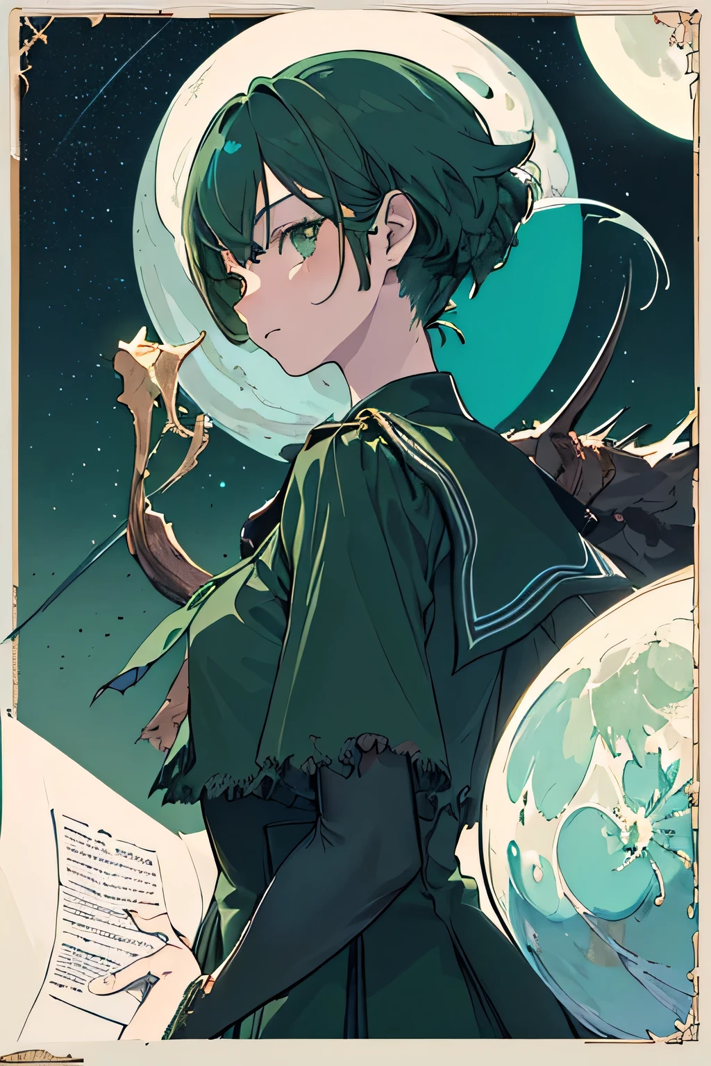(masterpiece), (best quality), (best details), (Distant panorama), (Paper with worn edges),(Illustration main color: Emerald green), (secondary color: Cinnamon), beautiful female student,sexy pose, very detailed face, Retro poster with futuristic lettering 60', Western futuristic landscape, night (many stars, moon), shadow (detailed, strong contrast)