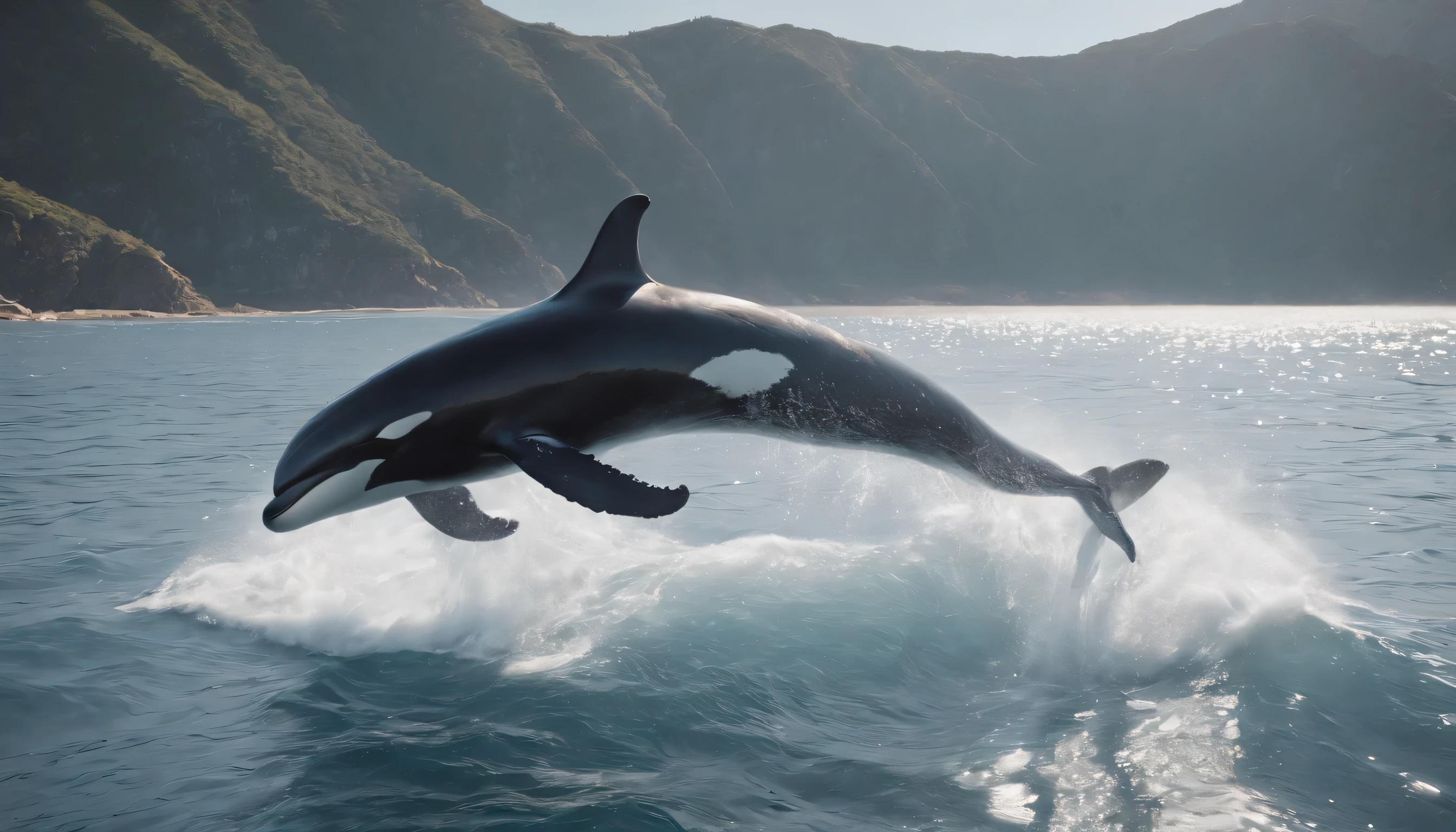 (Highly detailed CG Unity 8k wallpaper、masterpiece、highest quality、Super detailed)、(best lighting、best shadow、very delicate and beautiful)、highest quality、8k、Detailed facial depiction、masterpiece、highest quality、clear image quality、
sea monster making a splash：Capture the moment a whale or dolphin jumps out of the water。