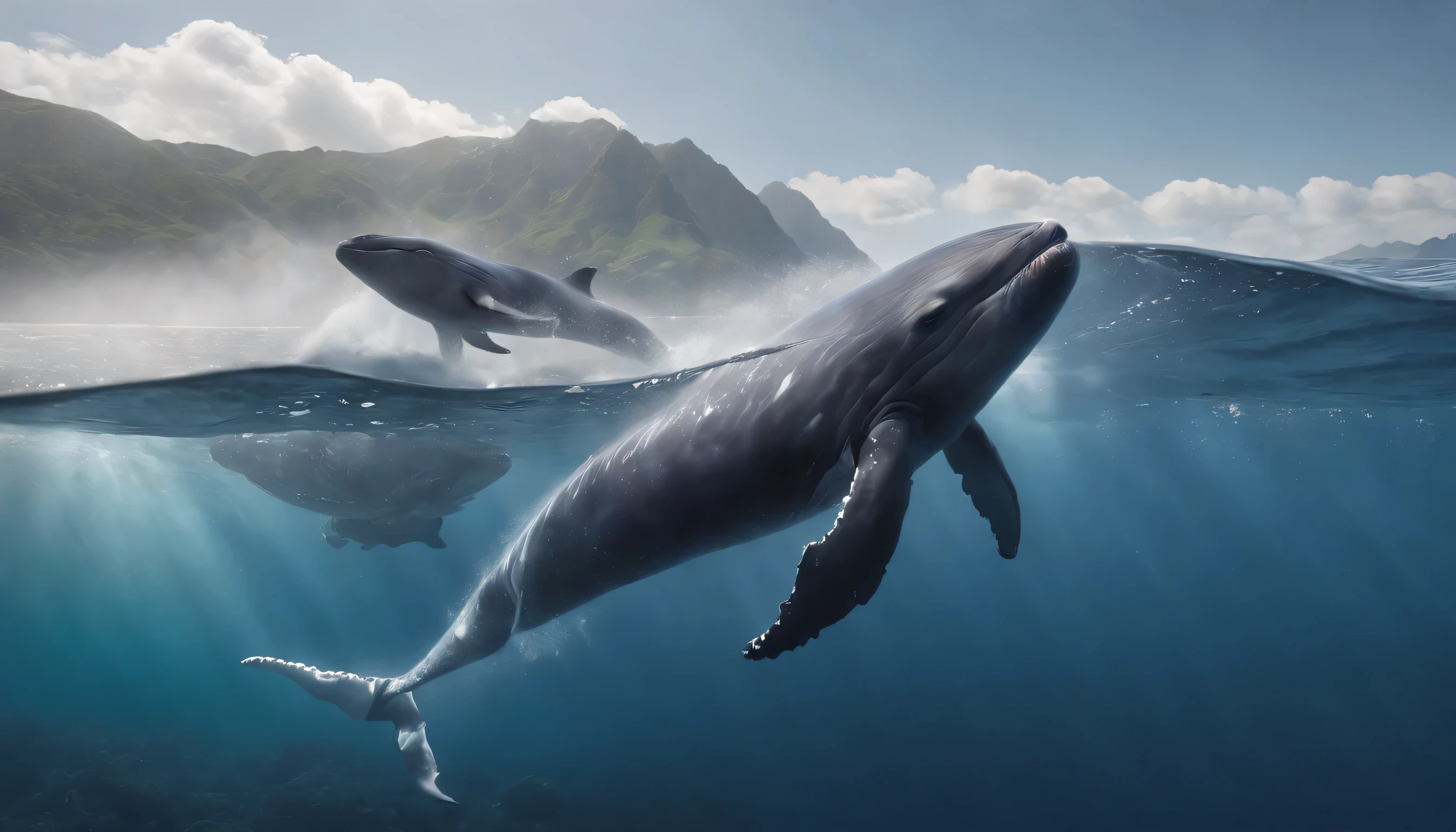 (Highly detailed CG Unity 8k wallpaper、masterpiece、highest quality、Super detailed)、(best lighting、best shadow、very delicate and beautiful)、highest quality、8k、Detailed facial depiction、masterpiece、highest quality、clear image quality、
sea monster making a splash:Capture the moment a whale or dolphin jumps out of the water。