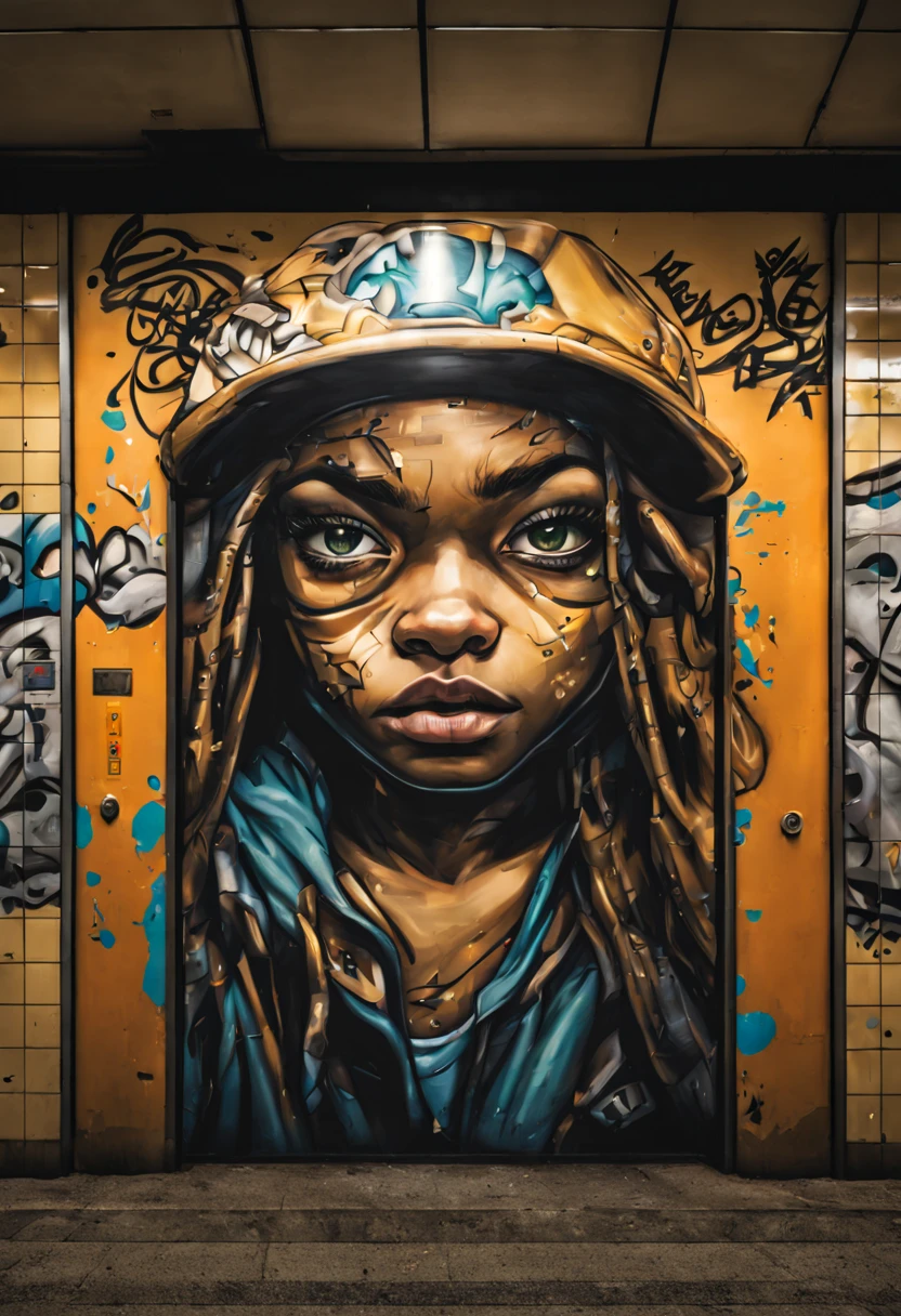 Gritty subway station with realistic graffiti art in the style of a graphic novel, intense expressions on characters' faces, underground atmosphere, Canon EOS R8, wide angle lens