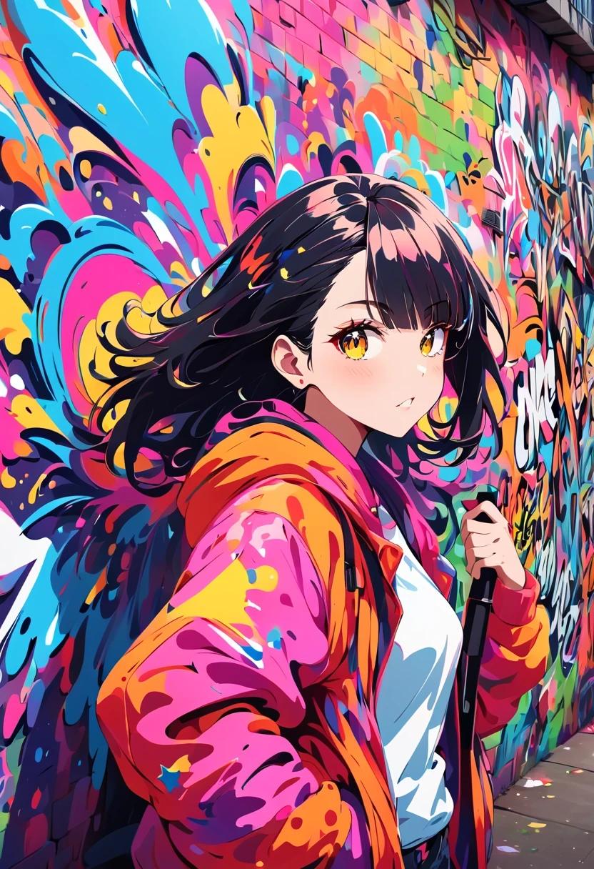 Graffiti漫画，Graffiti, wall, whole picture, high resolution和高对比度,simple,girl，(best quality,high resolution,masterpiece:1.2),super detailed,actual, high dynamic range,studio lighting,Physically based rendering,bright colors,[Street art],portrait,[comic style],urban style,urban chic,city View,Graffiti覆盖的建筑物,expressive brushstrokes,[dynamic poses], [Unique facial expressions],eye-catching background,Color spray paint,mark wall,crappy texture,Detailed character design,dramatic lighting,sketchy lines,energy and movement,urban culture,modern style,Avant-garde and energetic,modern style,Vibrant color palette,sharp contrast,Street Fashion,Stylish and confident,lively scenes、Lively,sense of rebellion,[abstract elements],Pop Art Influence,imagination and creativity.