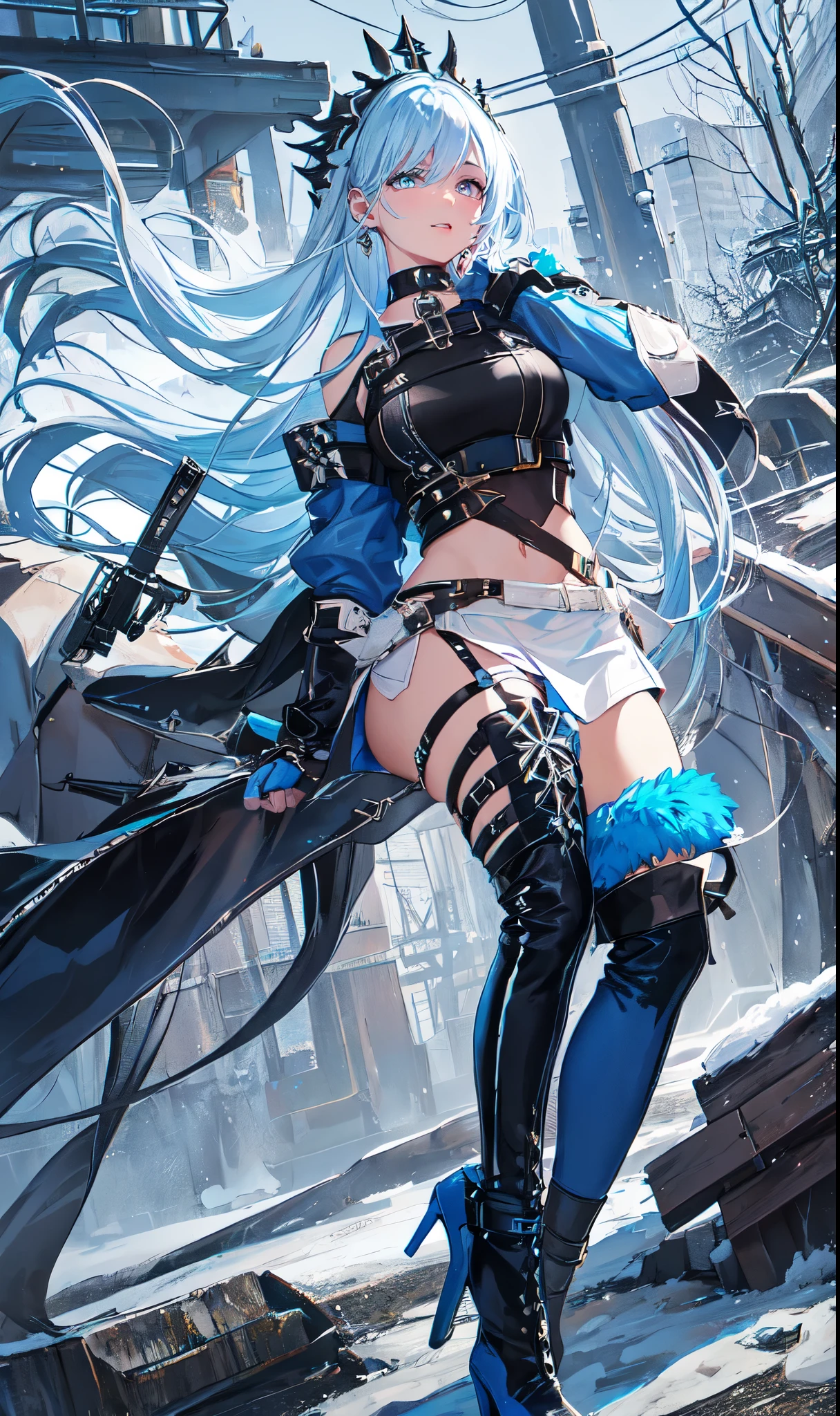 Abandoned winter industrial town background,(pure white straight hair:2.0),(blue cu rlhair end:2.0)issue card,Standing close-up,dream world,scars on face,(Slender blue phoenix eyes,pink lipstick,long eyelashes),Gloves,Short sword,choker,(Assassin's Tight Combat Suit,Torn and worn midriff-baring combat uniform,Leather miniskirt,leg rings,belt:2.0),fur tube top(choker),Over-the-knee high-heeled boots,strappy high heel boots,There are many straps on the legs,Detailed drawn background