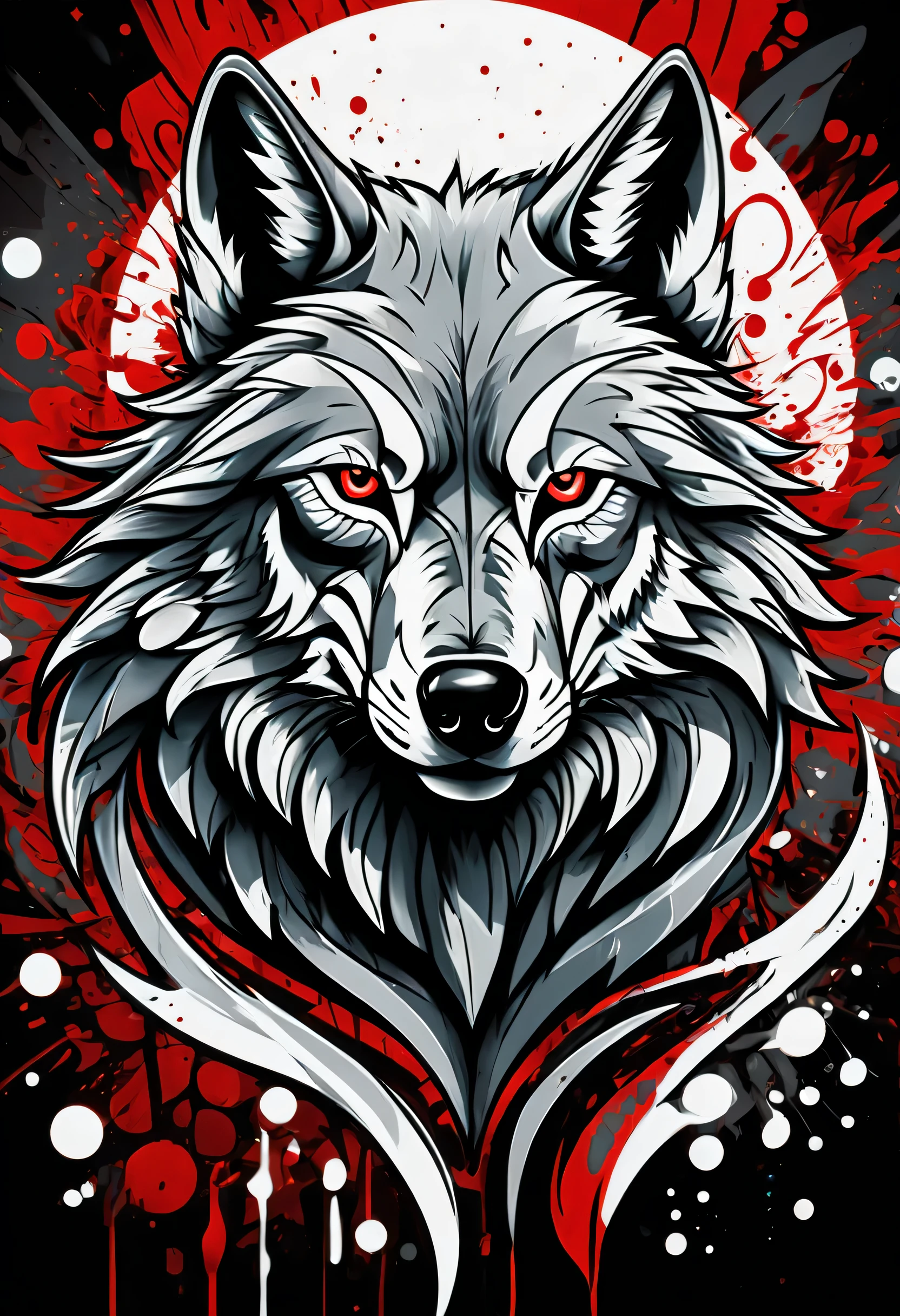 (Doodle cartoon illustration:1.3), Wolf, stylish, Mainly white with black and red elements, intricate details, fine brush strokes, Delicate and rich coloring, high quality, absurd solution, native brilliance, tonal contrast, in background prompt, Insane element background details, dark fantasy style, wild touch, Surrounded by a swirl of rich color palettes,