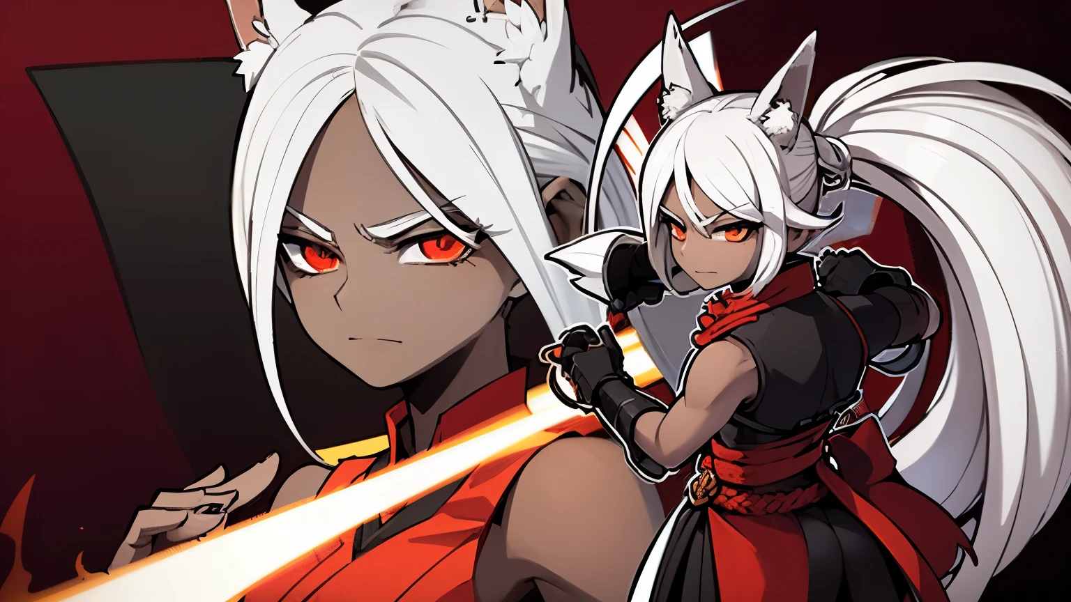 Tall, dark-skinned women. Sleeveless red kimono. White hair, white fox ears, white fox tail. Red eyes. Black gloves