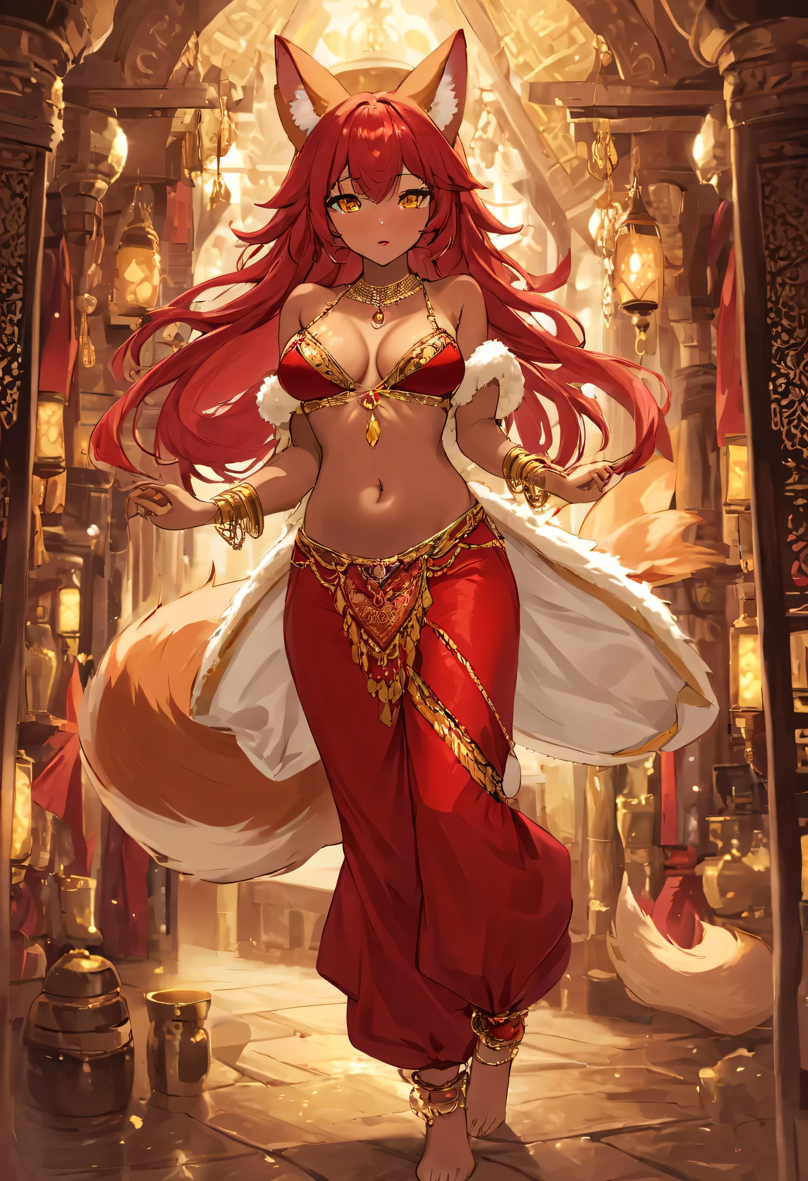 1 girl, kitsune bellydancer, long bright red hair, bright red fox ears, ((brown skinned)), sharp yellow eyes, red middle east dancer robes with gold trim, (red harem pants), soft full red lips, gold necklaces, wide hips, fluffy bright red fox tail, fantasy middle eastern tavern