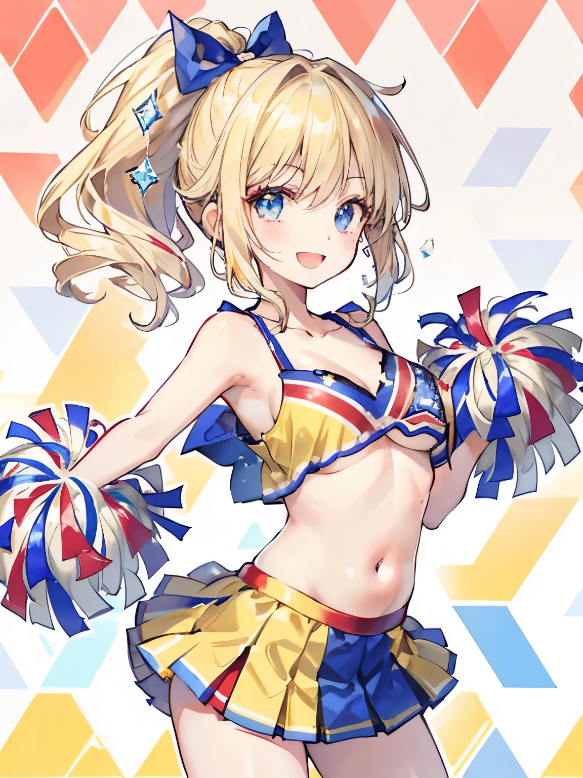 (masterpiece:1.3), (absurdres:1.3), (best quality:1.3), hand of Guido Daniele, (ultra-detailed:1.3),(best shadow:0.7), (handled hair),
1girl, solo, sh1, aizawa ema, large breasts, cleavage, blonde hair, asymmetrical bangs, blunt bangs, blue eyes, hair ornament, smile, open mouth, (wet, wet_hair, wet_clothes, wet_shirt, oily skin, glossy), (cheerleader, crop top, bare shoulders, no panties, no skirt, wet pussy, standing, holding pom poms, nsfw), pom pom \(cheerleading\),
BREAK outdoors, stadium, sunlight, bright sky, blue sky with clouds, winds, god rays, light rays,