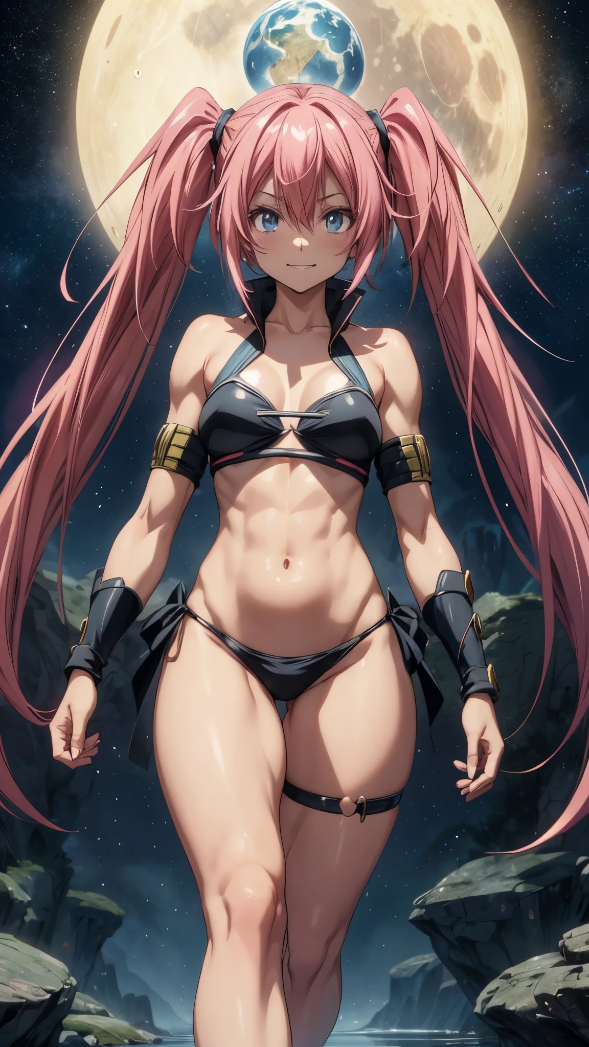 Milim Nava from tensei shitara slime datta ken, Pink hair, long hair, twintails, eye reflection, glowing eyes, clenched teeth, evil smile, Brilliant students, Yandere, chiaroscuro, cinematic lighting, jpeg artifacts, ray tracing, shadow designed, anime, minimalism, Sony FE, high detail, anime style, raised fist, out, reflection light, fill picture, panorama, artwork, Ultra HD, Super detail, high quality, 16K, high resolution, anatomically correct , accurate, Textured Skin, High details, bare feet, in bikini, muscular legs, muscular belly, full body photo, Moon Scenery with Starry Sky and Planet Earth in the Sky, HDR